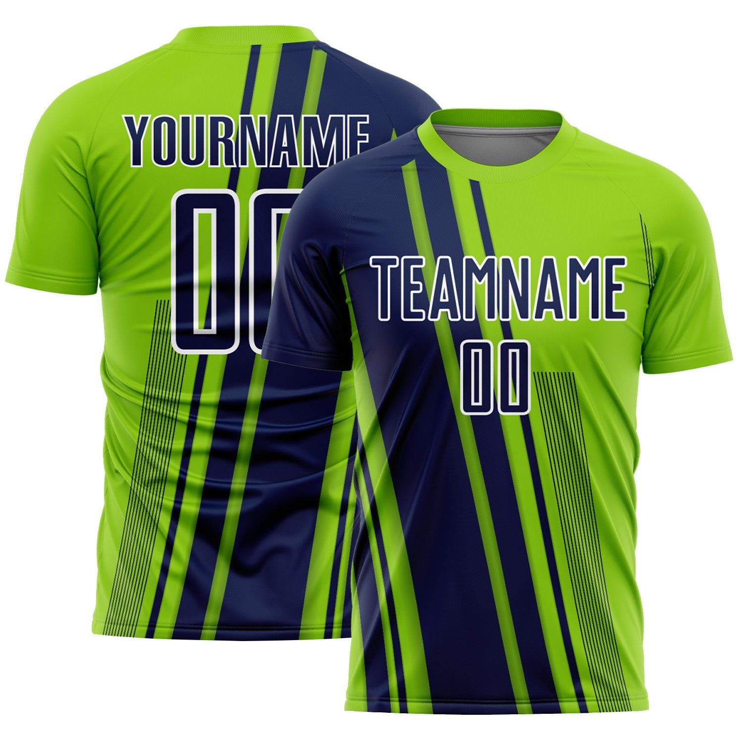Custom Neon Green Navy-White Lines Sports Sublimation Soccer Uniform Jersey