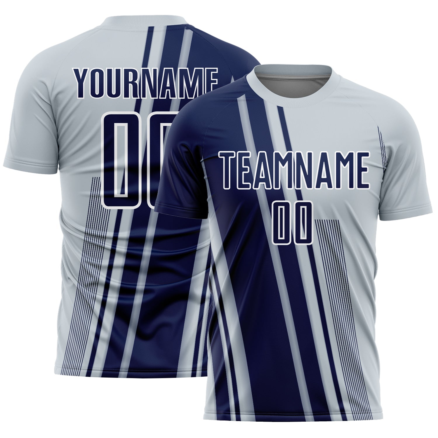 Custom Silver Navy-White Lines Sports Sublimation Soccer Uniform Jersey