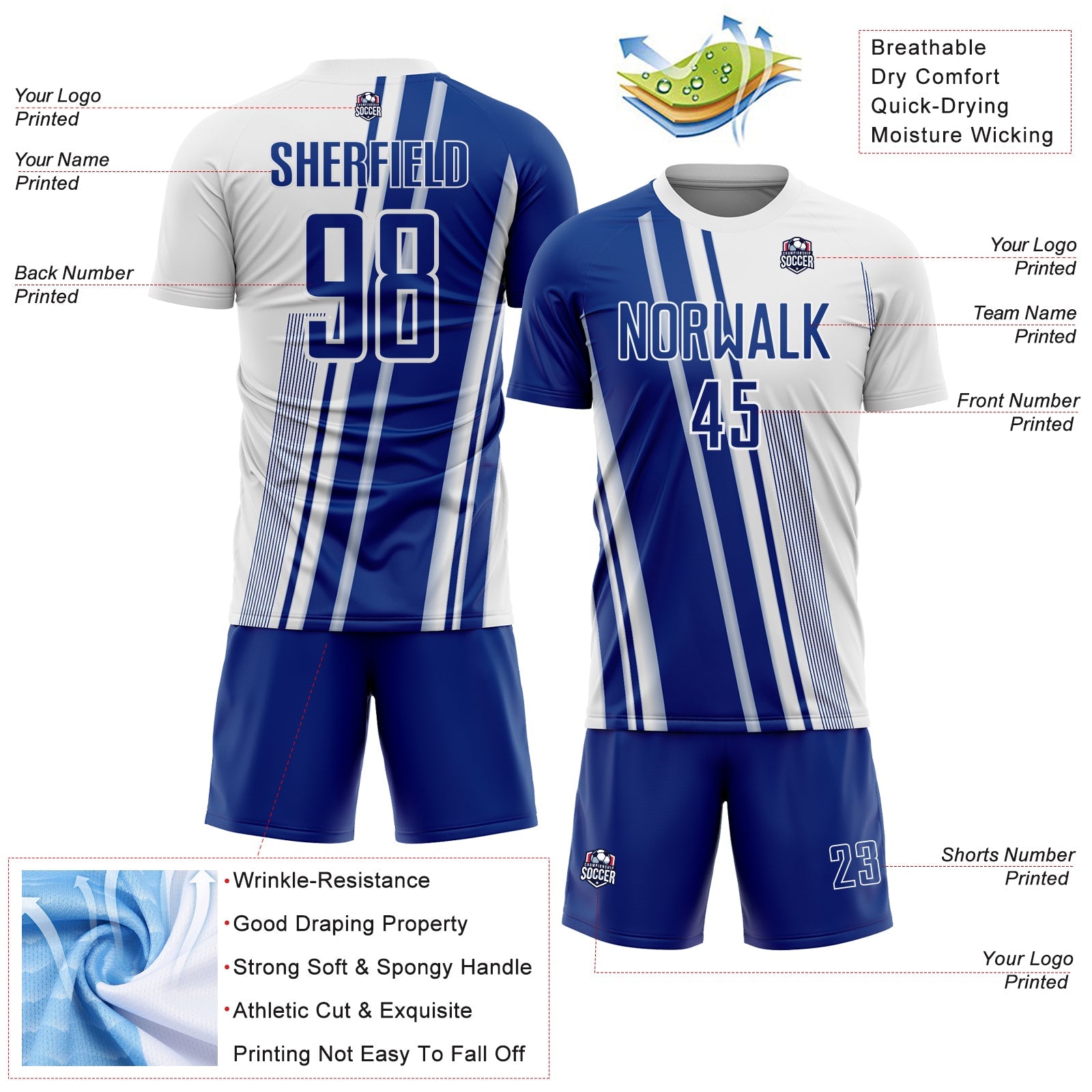 Custom White Royal Lines Sports Sublimation Soccer Uniform Jersey