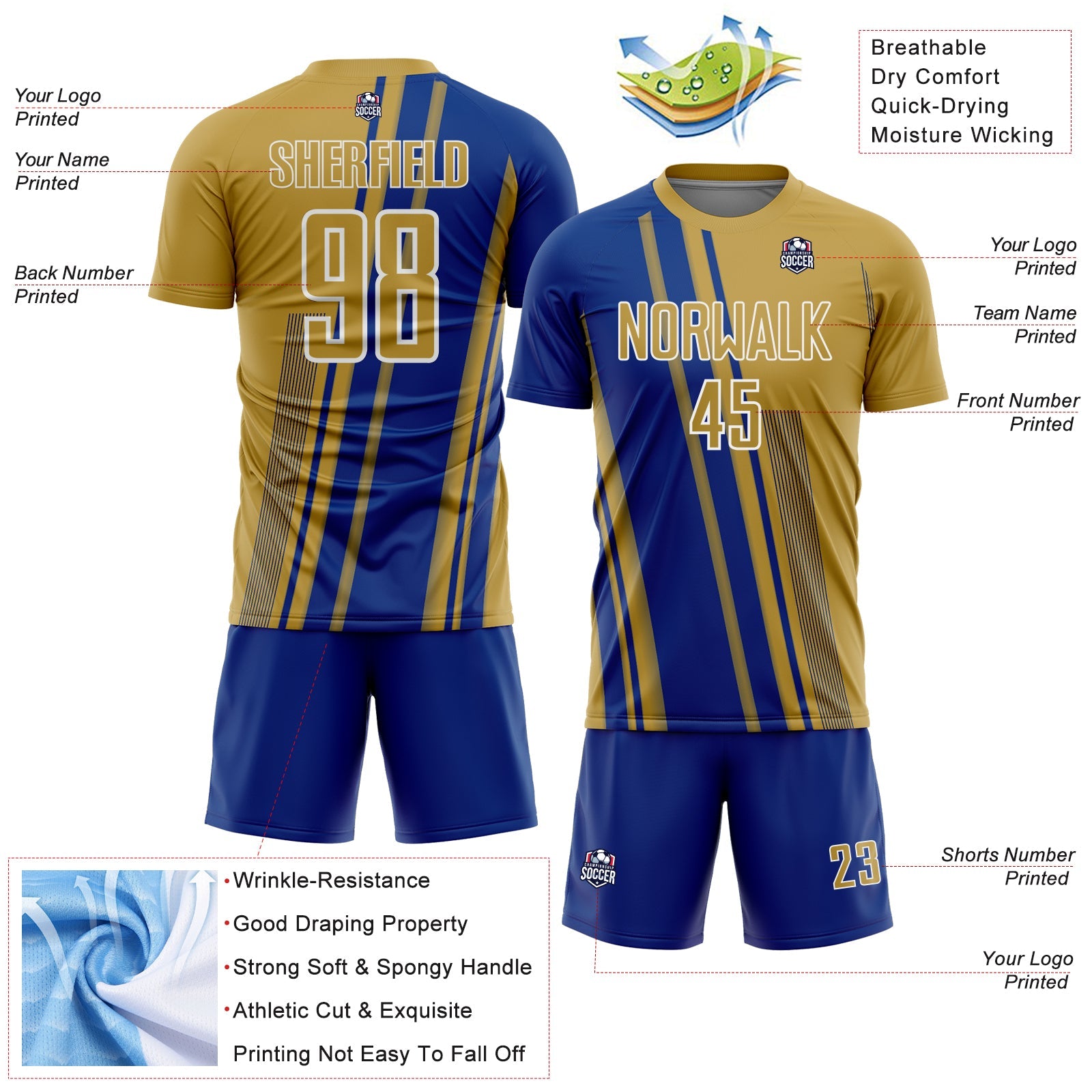 Custom Old Gold Royal-White Lines Sports Sublimation Soccer Uniform Jersey