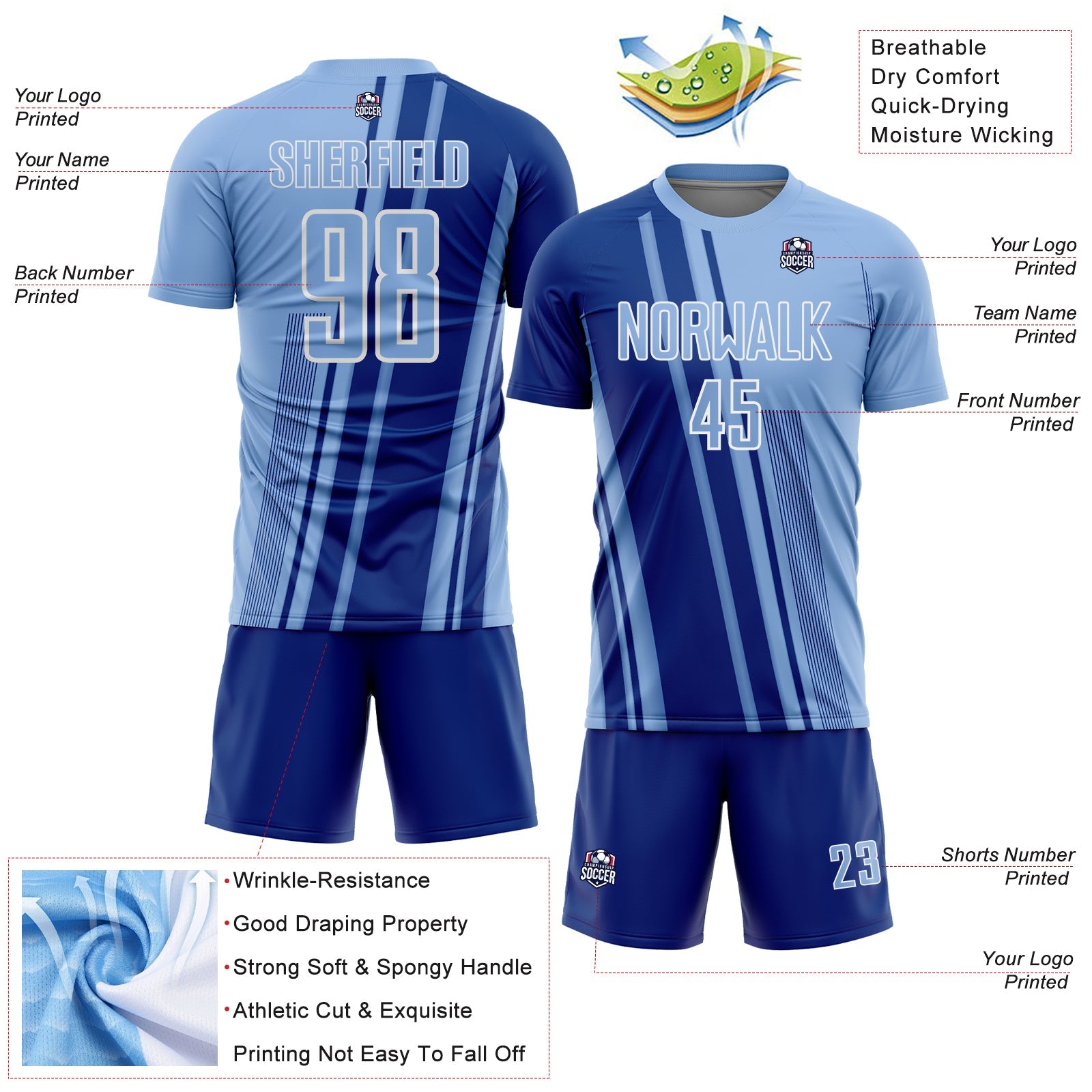Custom Light Blue Royal-White Lines Sports Sublimation Soccer Uniform Jersey