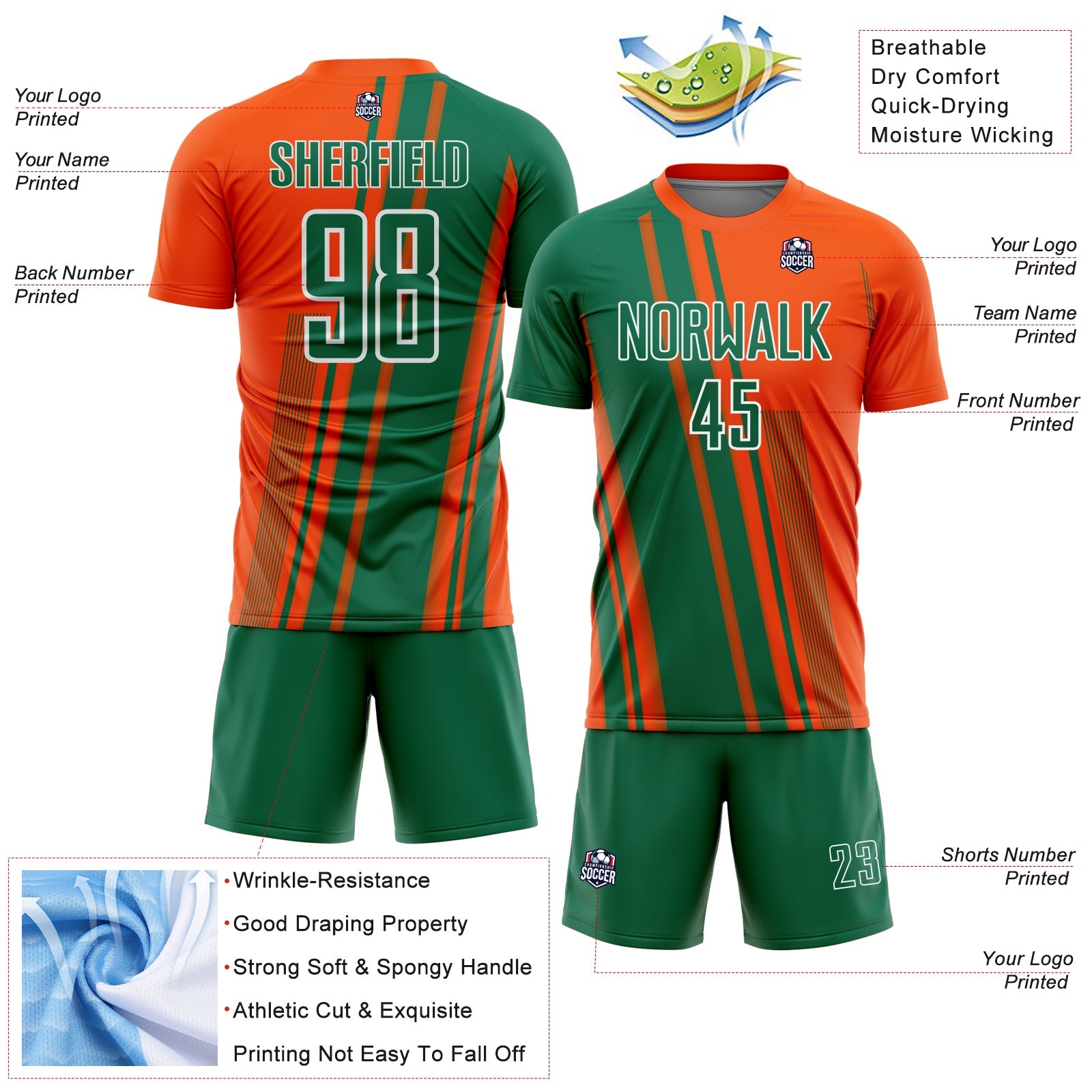 Custom Orange Kelly Green-White Lines Sports Sublimation Soccer Uniform Jersey