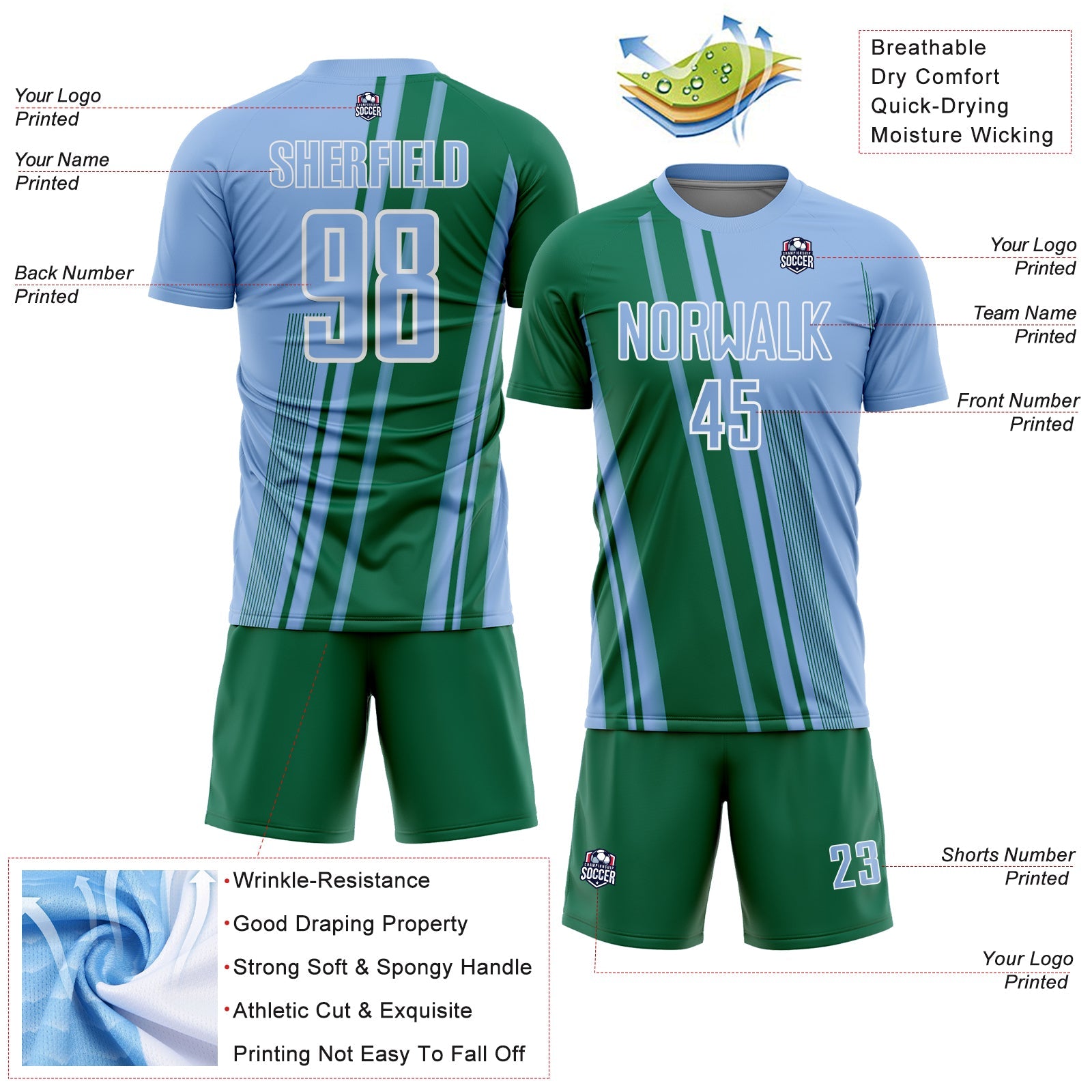 Custom Light Blue Kelly Green-White Lines Sports Sublimation Soccer Uniform Jersey