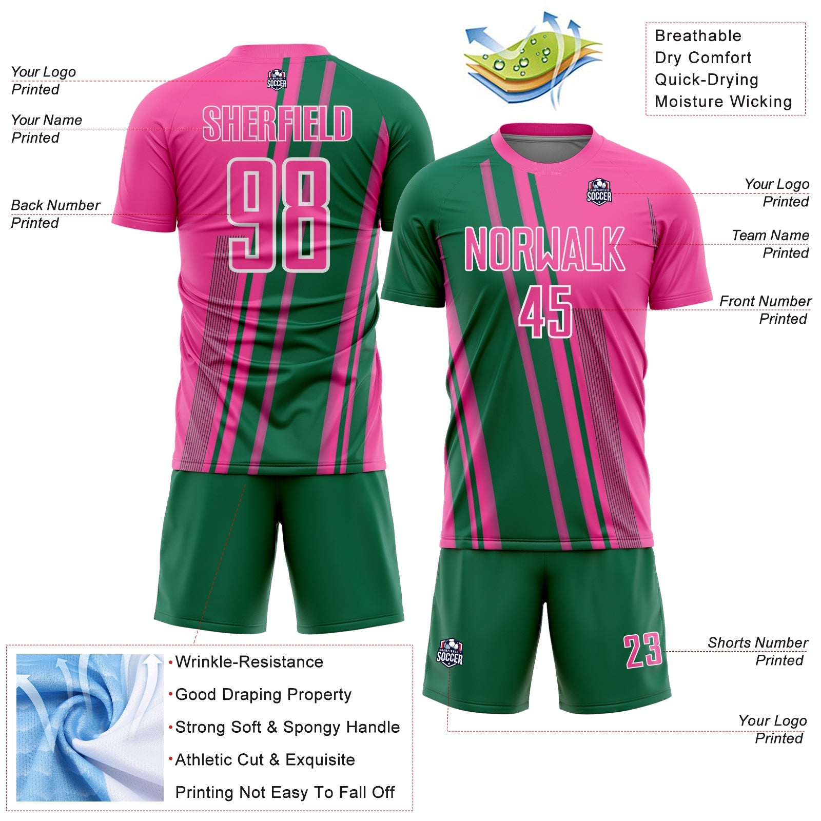 Custom Pink Kelly Green-White Lines Sports Sublimation Soccer Uniform Jersey