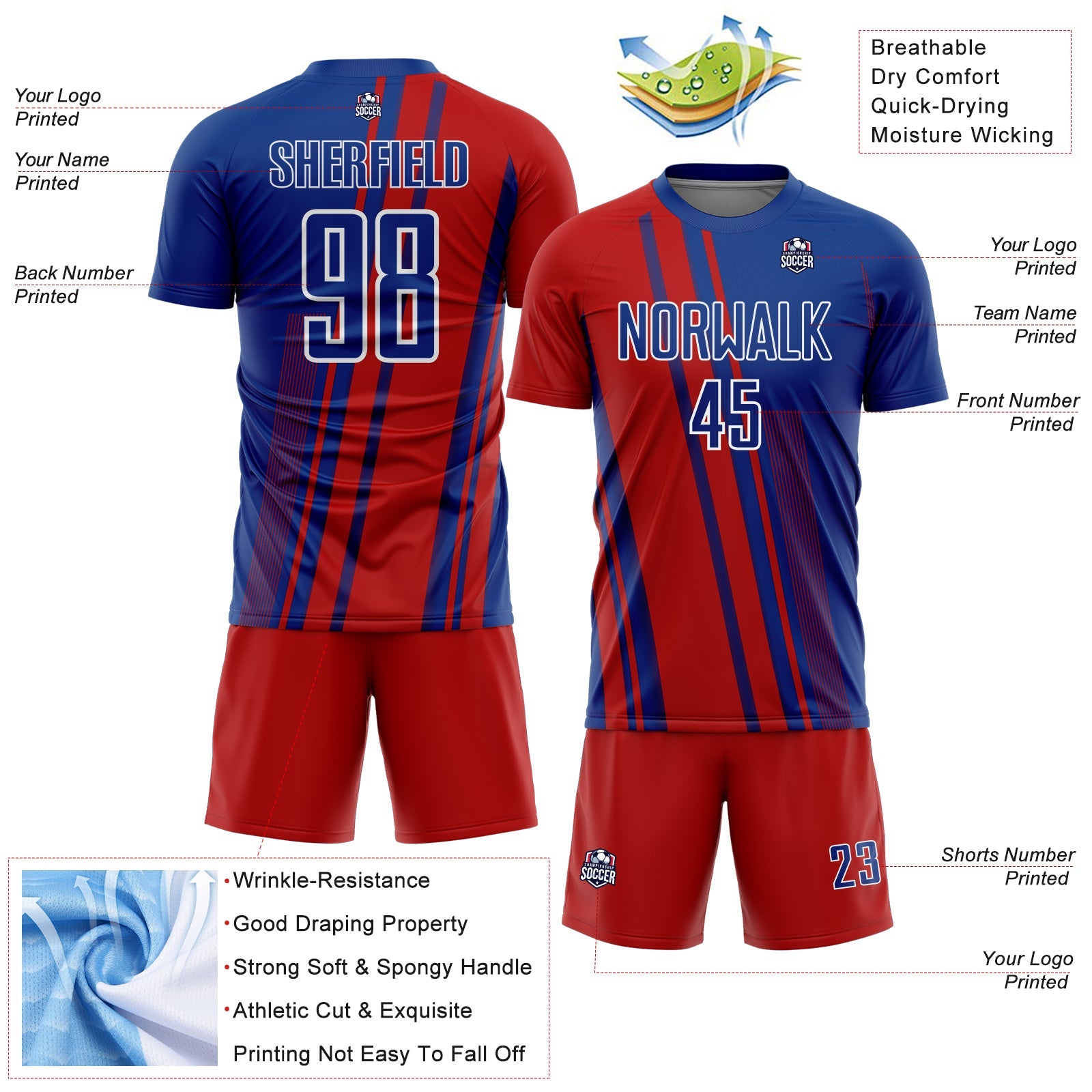 Custom Royal Red-White Lines Sports Sublimation Soccer Uniform Jersey