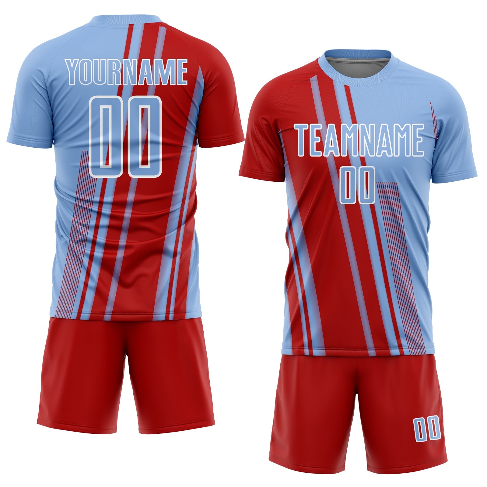 Custom Light Blue Red-White Lines Sports Sublimation Soccer Uniform Jersey