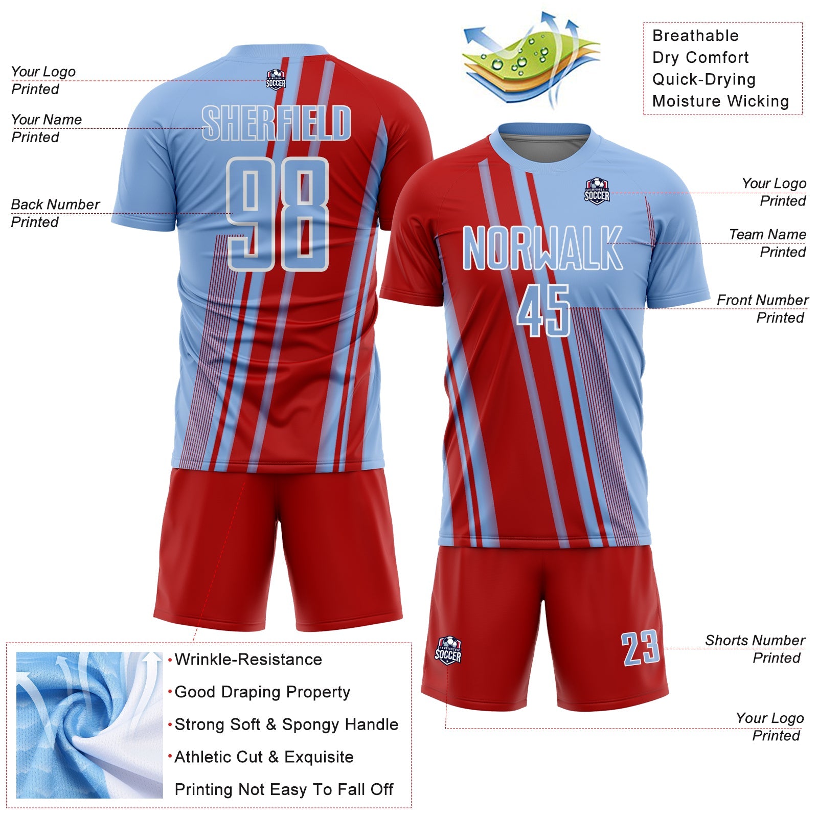 Custom Light Blue Red-White Lines Sports Sublimation Soccer Uniform Jersey