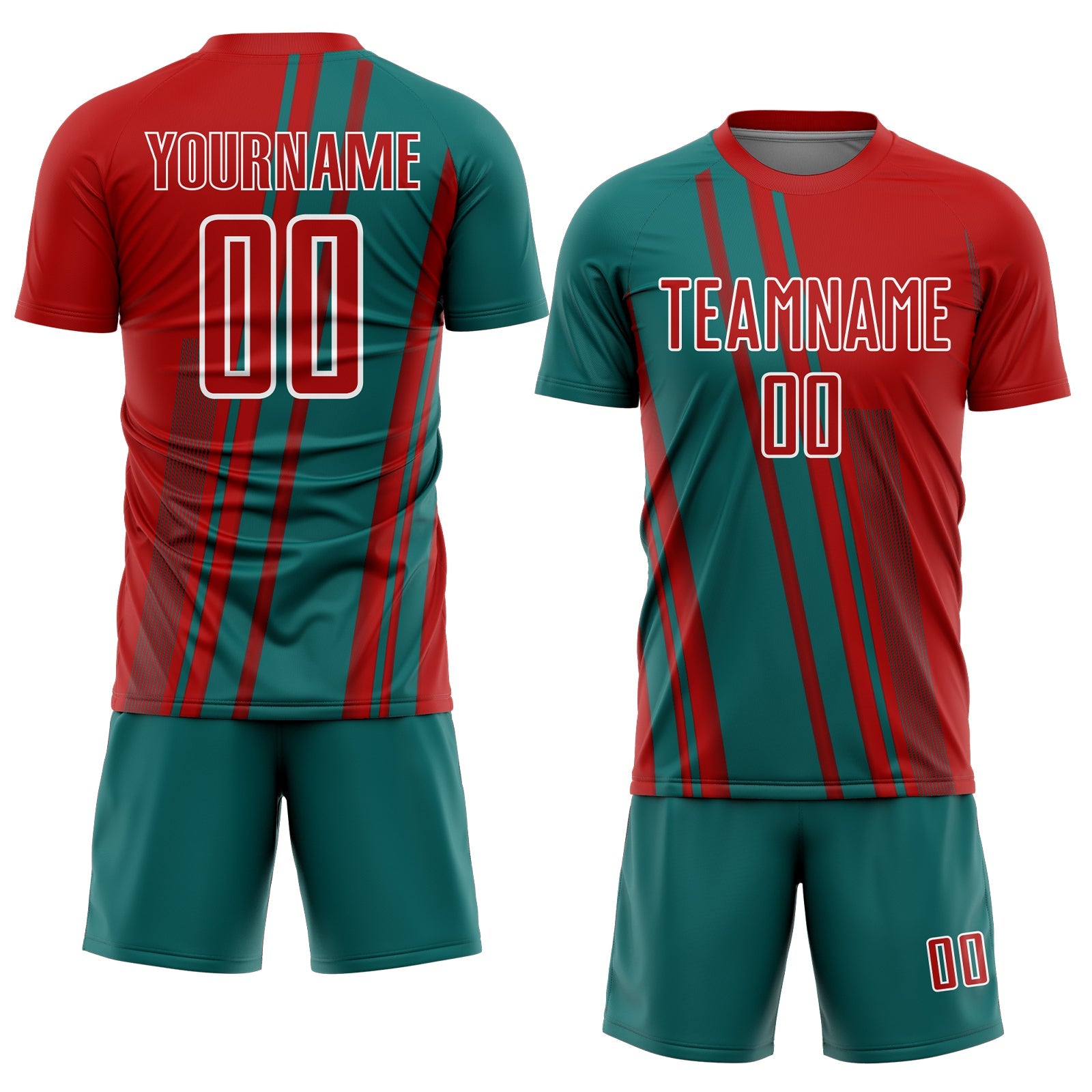 Custom Red Teal-White Lines Sports Sublimation Soccer Uniform Jersey