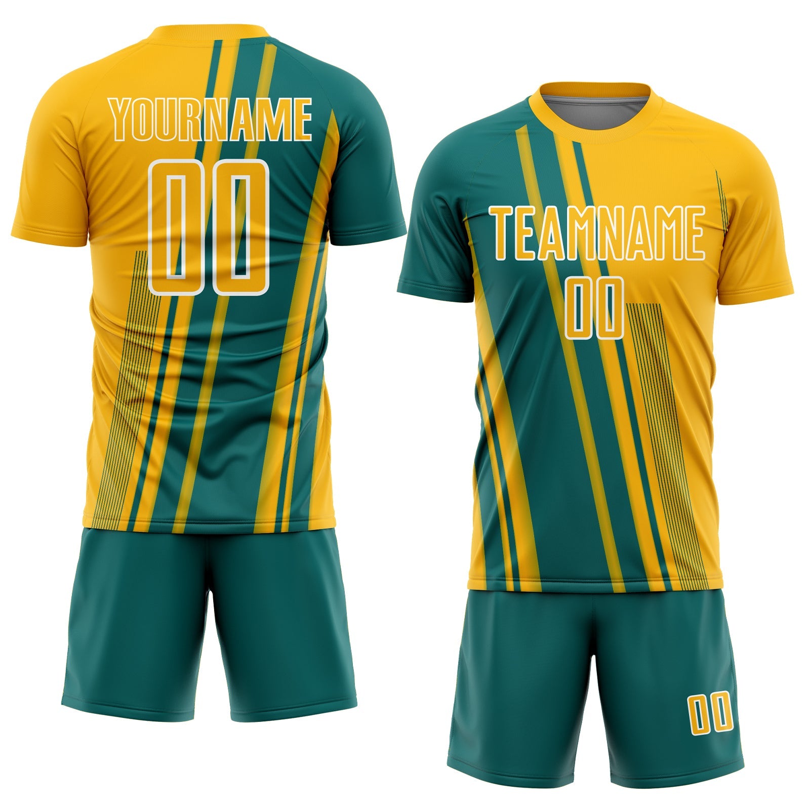 Custom Gold Teal-White Lines Sports Sublimation Soccer Uniform Jersey