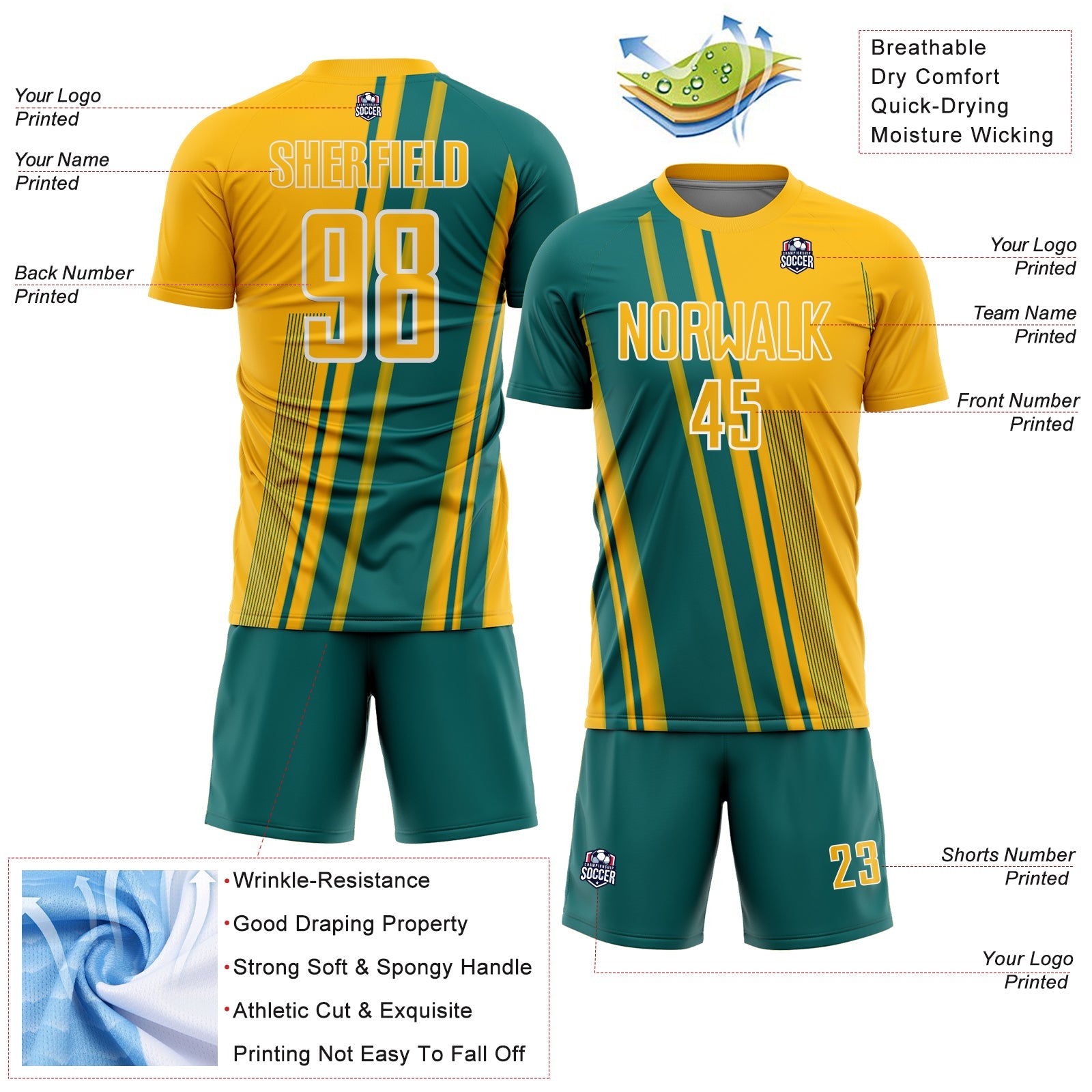 Custom Gold Teal-White Lines Sports Sublimation Soccer Uniform Jersey