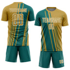 Custom Old Gold Teal-White Lines Sports Sublimation Soccer Uniform Jersey