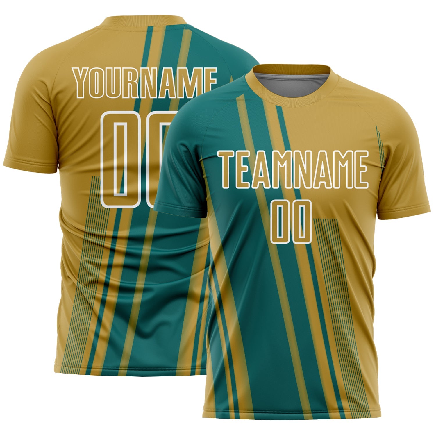 Custom Old Gold Teal-White Lines Sports Sublimation Soccer Uniform Jersey