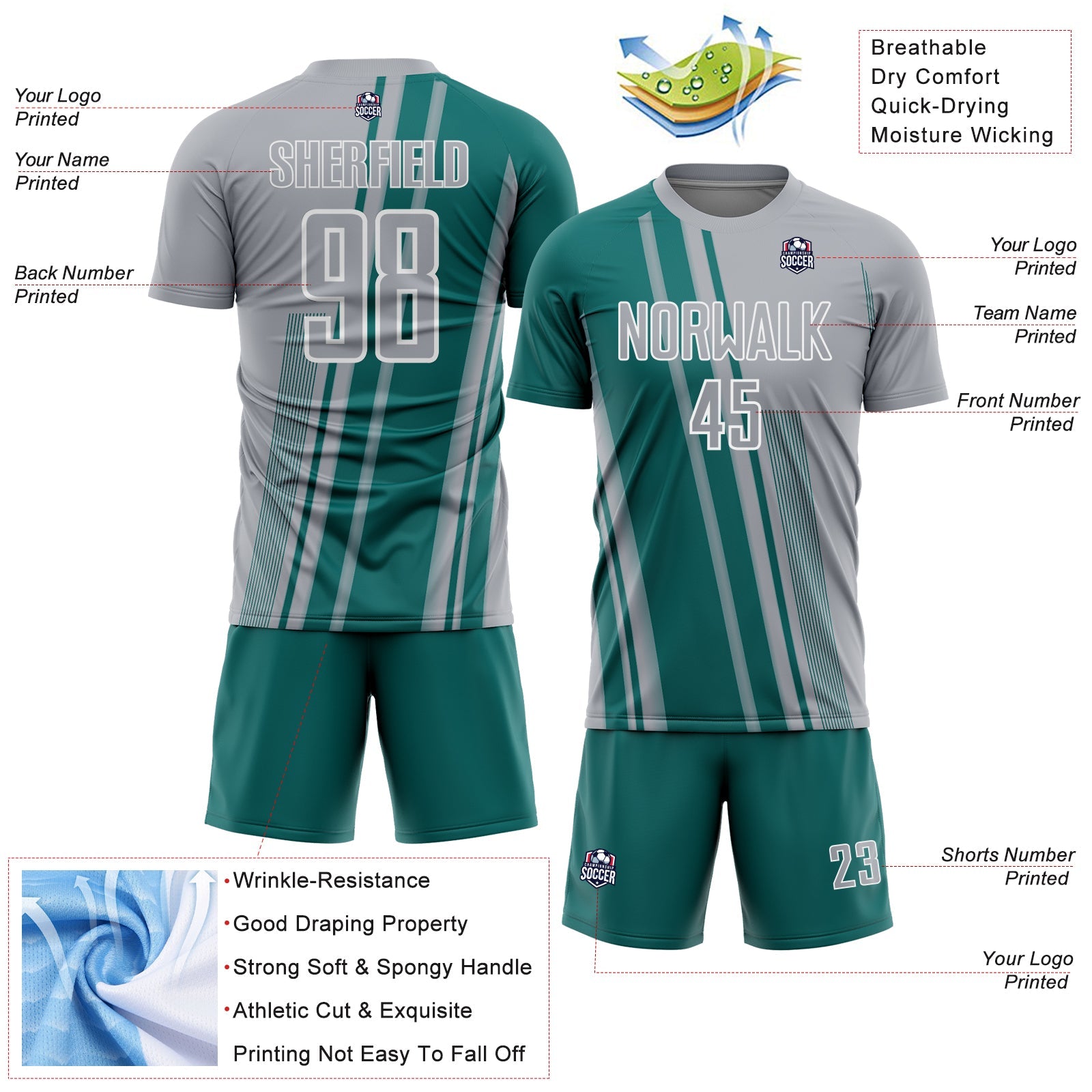 Custom Gray Teal-White Lines Sports Sublimation Soccer Uniform Jersey
