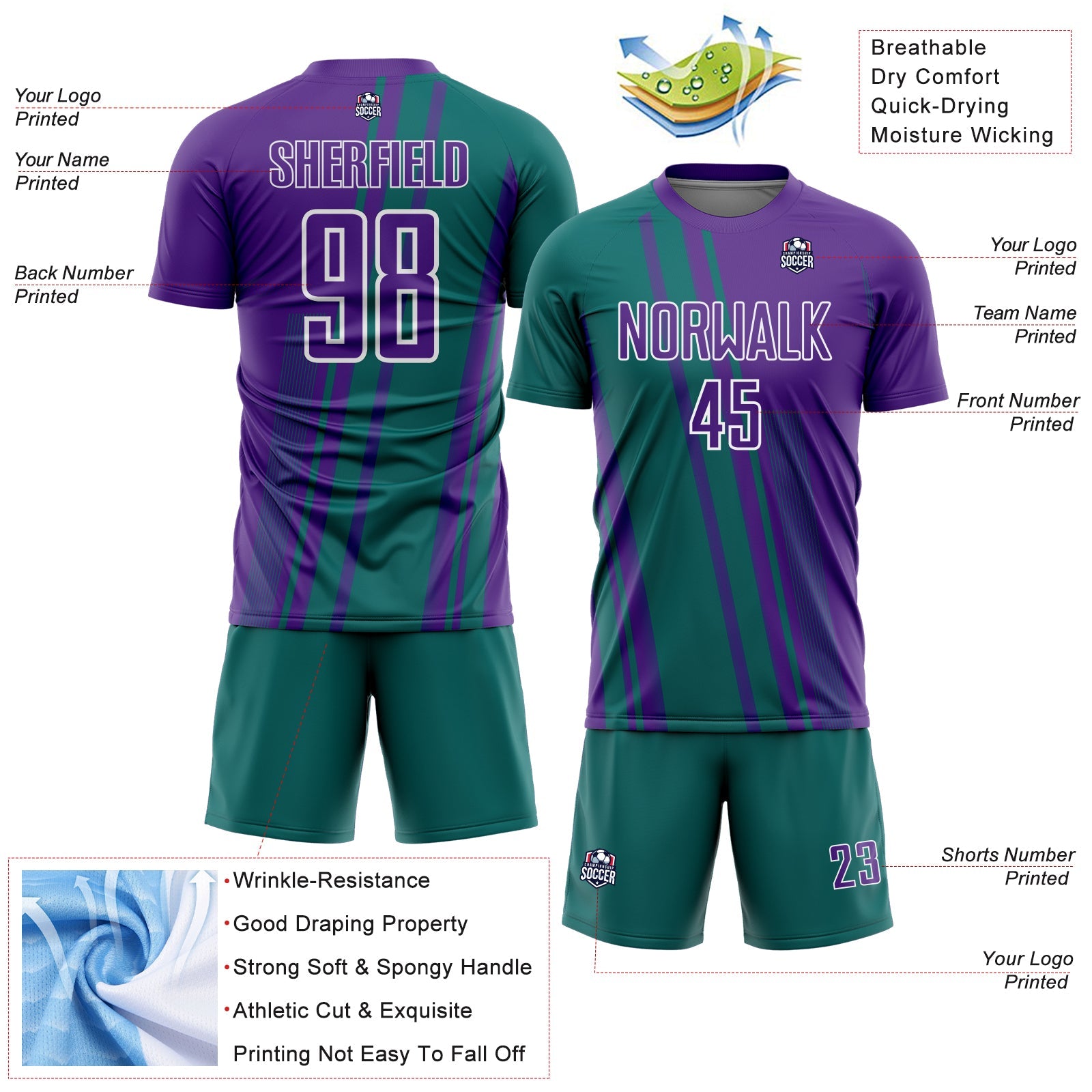 Custom Purple Teal-White Lines Sports Sublimation Soccer Uniform Jersey