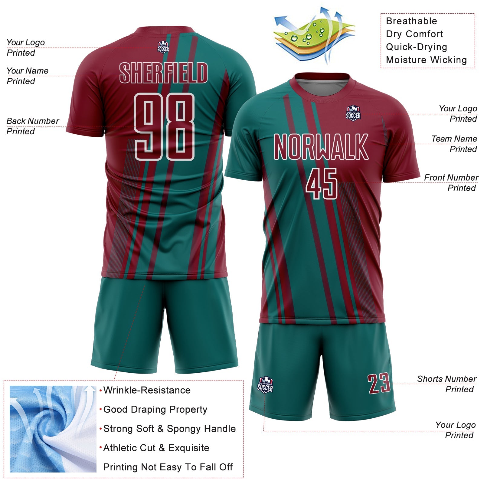 Custom Crimson Teal-White Lines Sports Sublimation Soccer Uniform Jersey