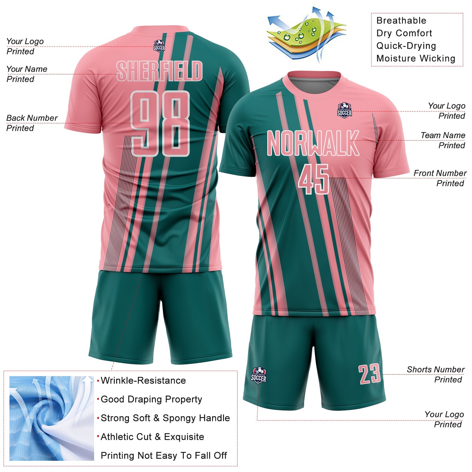 Custom Medium Pink Teal-White Lines Sports Sublimation Soccer Uniform Jersey