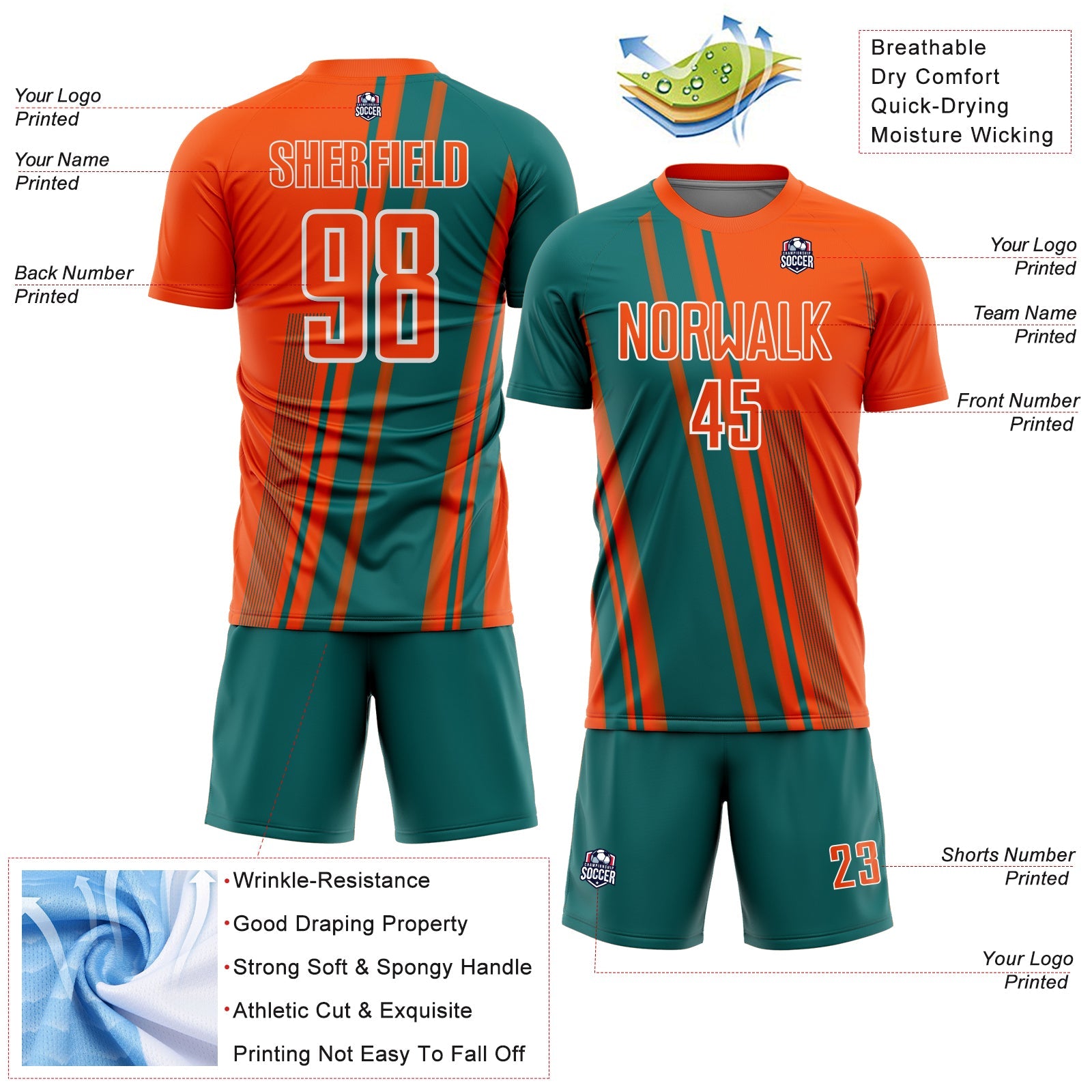 Custom Orange Teal-White Lines Sports Sublimation Soccer Uniform Jersey