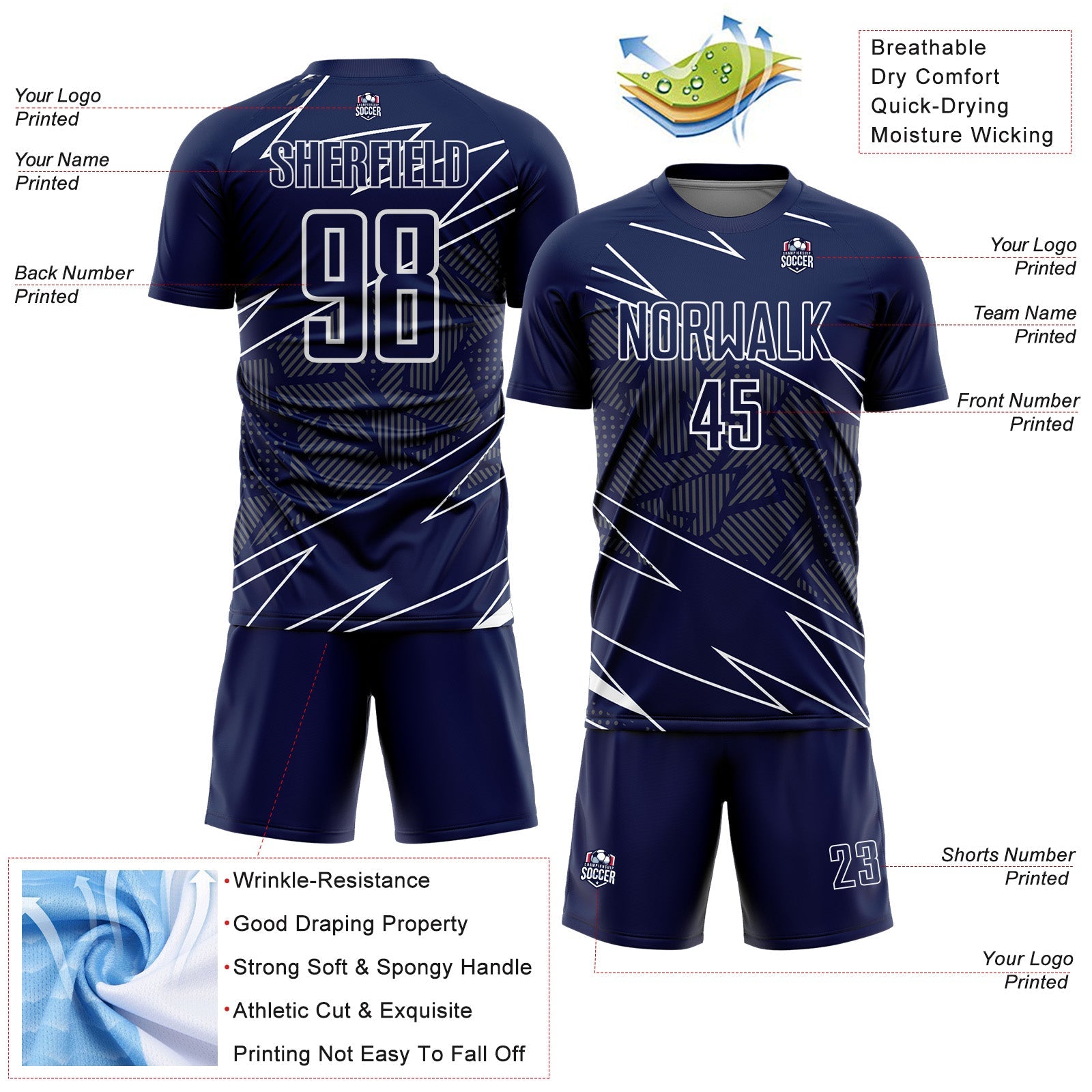Custom Navy White Lines Sports Sublimation Soccer Uniform Jersey