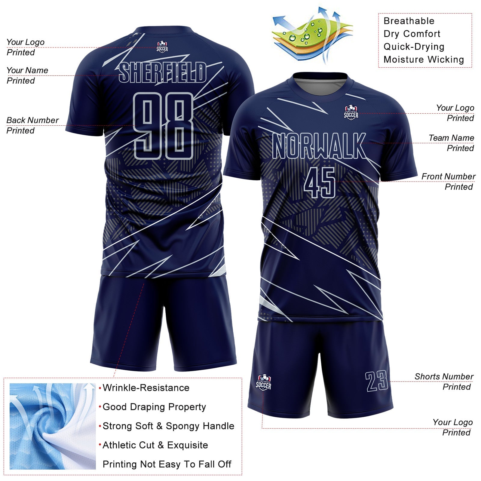Custom Navy Silver Lines Sports Sublimation Soccer Uniform Jersey