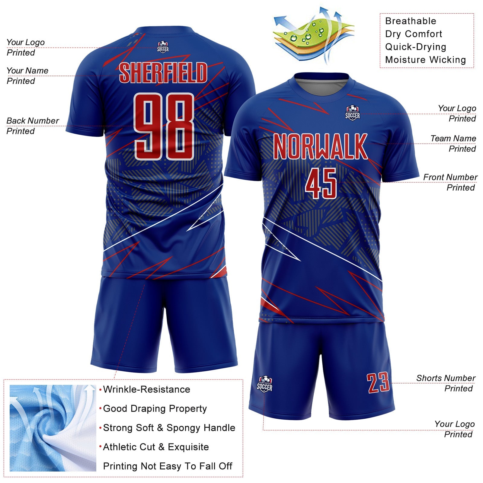 Custom Royal Red-White Lines Sports Sublimation Soccer Uniform Jersey