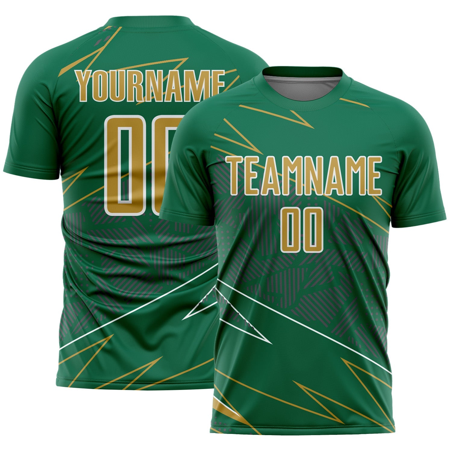 Custom Kelly Green Old Gold-White Lines Sports Sublimation Soccer Uniform Jersey