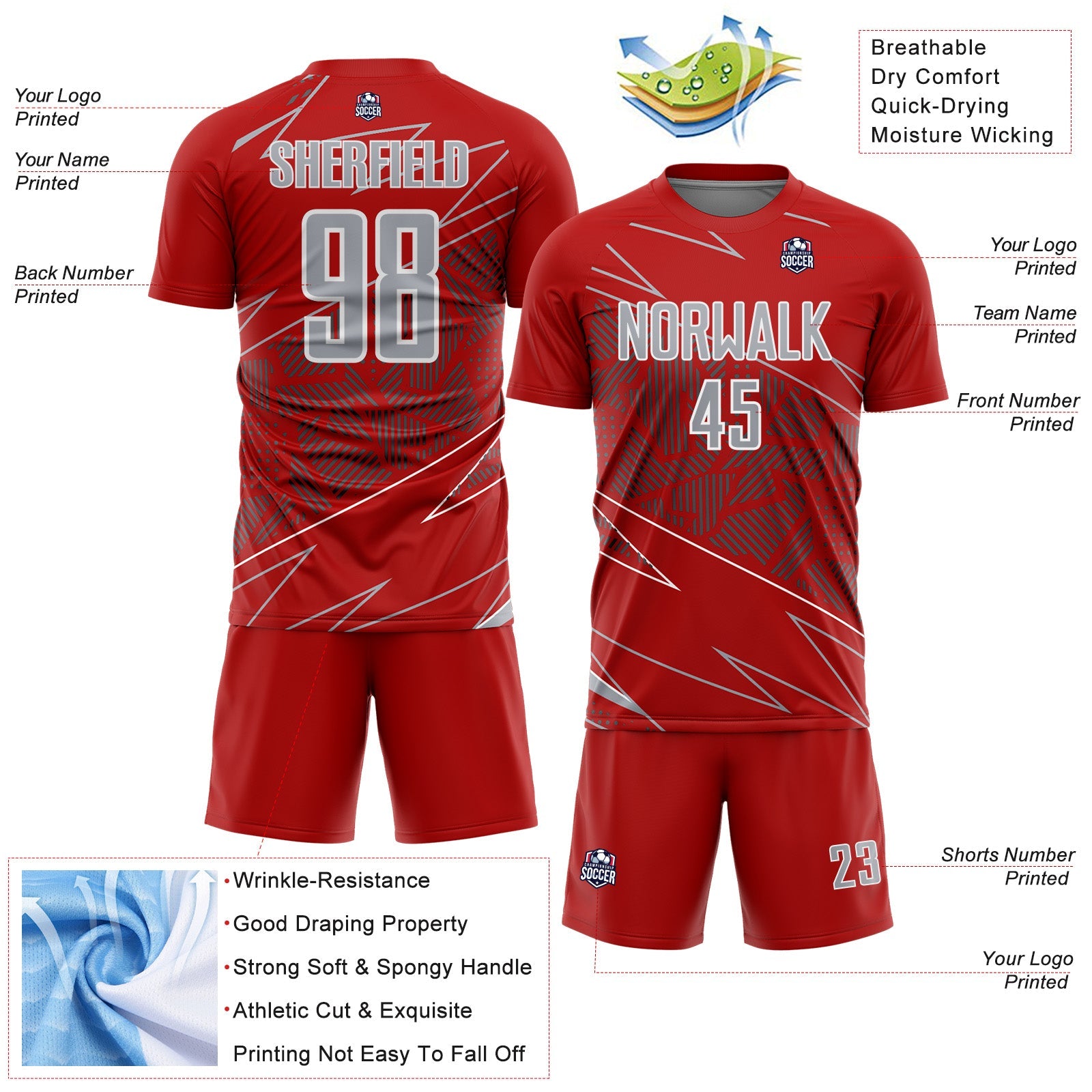 Custom Red Gray-White Lines Sports Sublimation Soccer Uniform Jersey