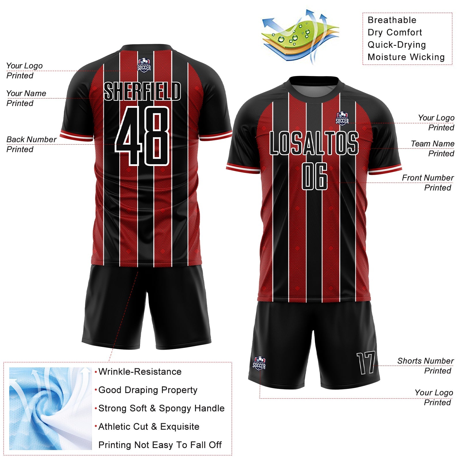 Custom Black Red-White Pinstripe Line Sports Sublimation Soccer Uniform Jersey