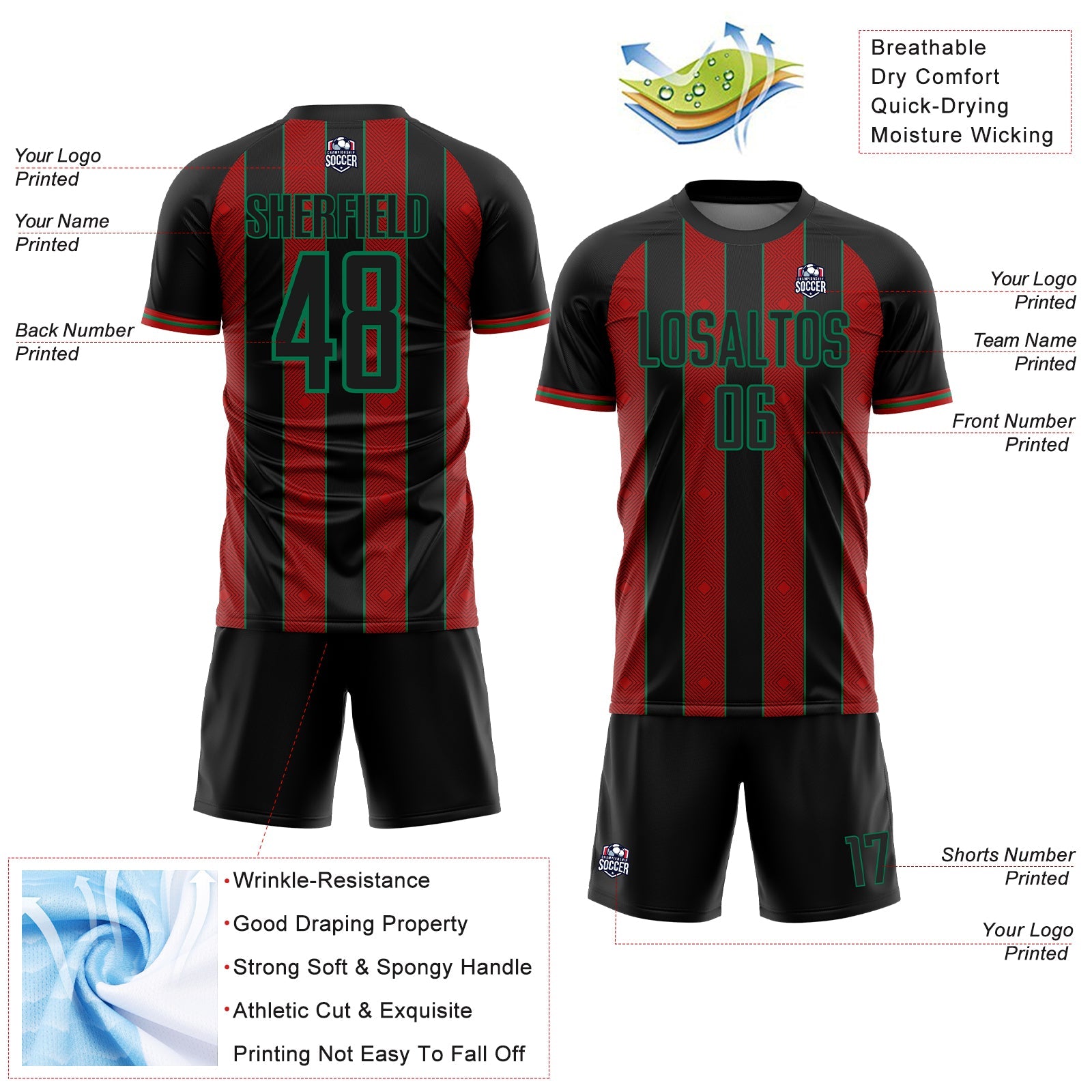 Custom Black Red-Kelly Green Pinstripe Line Sports Sublimation Soccer Uniform Jersey