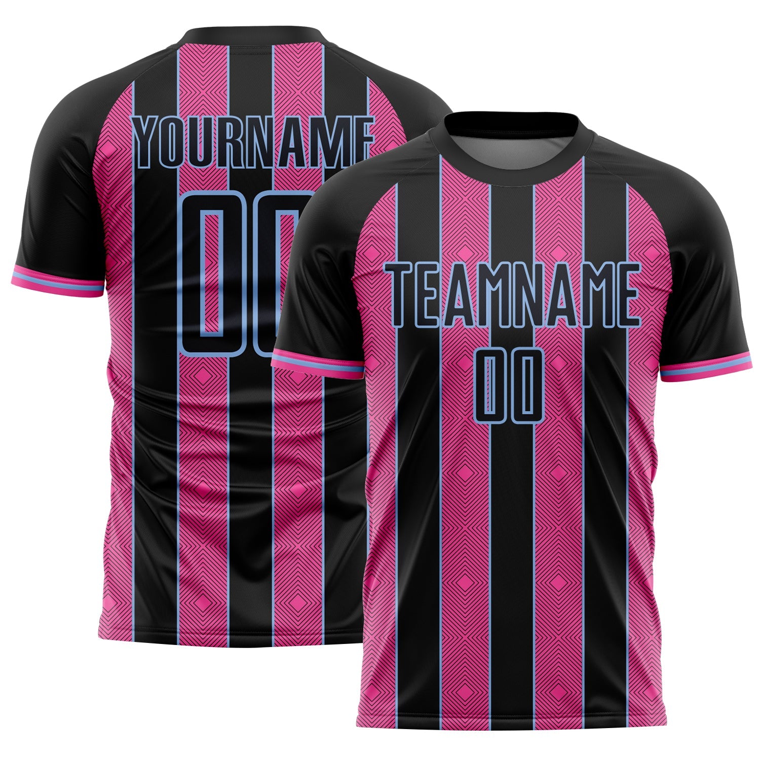Custom Black Pink-Light Blue Pinstripe Line Sports Sublimation Soccer Uniform Jersey