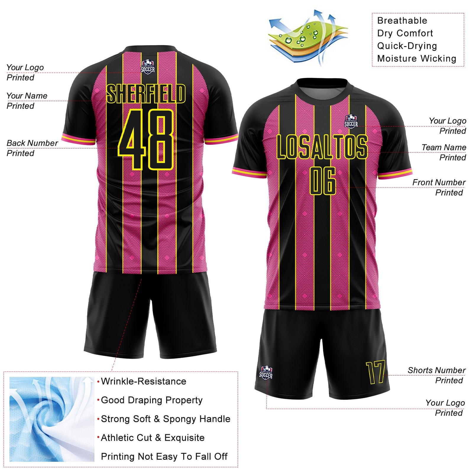 Custom Black Pink-Light Yellow Pinstripe Line Sports Sublimation Soccer Uniform Jersey