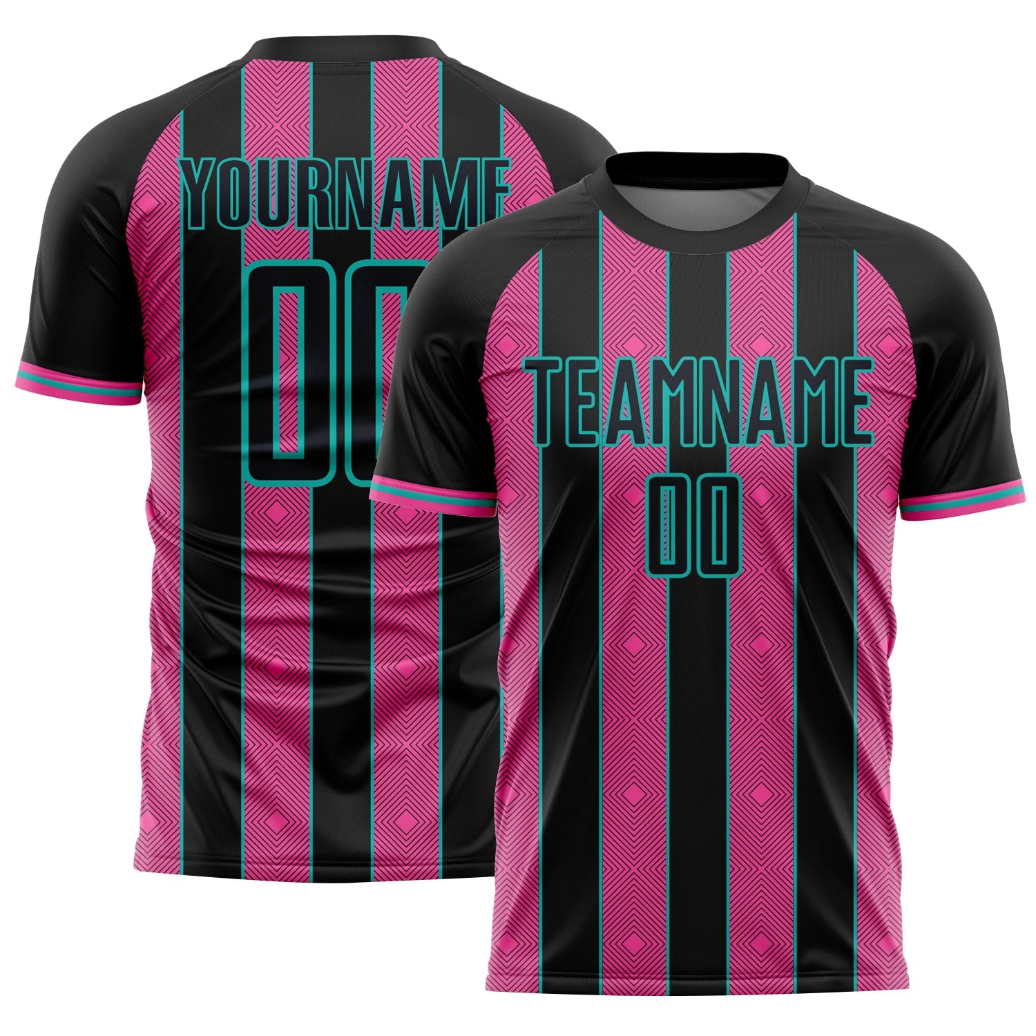 Custom Black Pink-Aqua Pinstripe Line Sports Sublimation Soccer Uniform Jersey