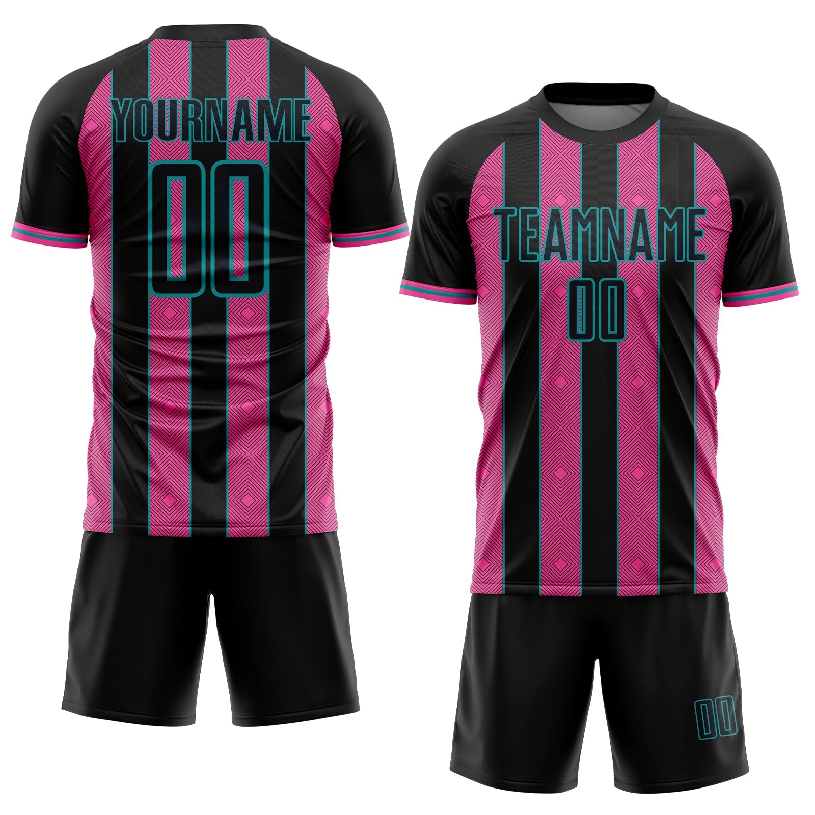 Custom Black Pink-Teal Pinstripe Line Sports Sublimation Soccer Uniform Jersey