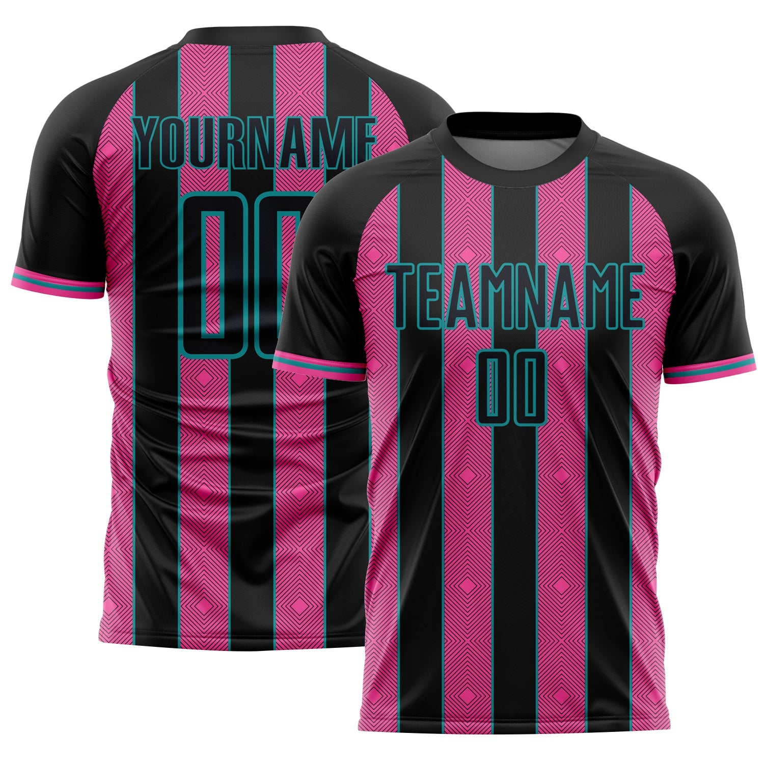 Custom Black Pink-Teal Pinstripe Line Sports Sublimation Soccer Uniform Jersey