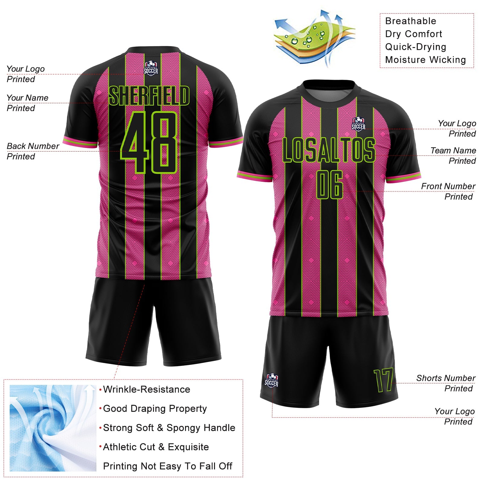 Custom Black Pink-Neon Green Pinstripe Line Sports Sublimation Soccer Uniform Jersey