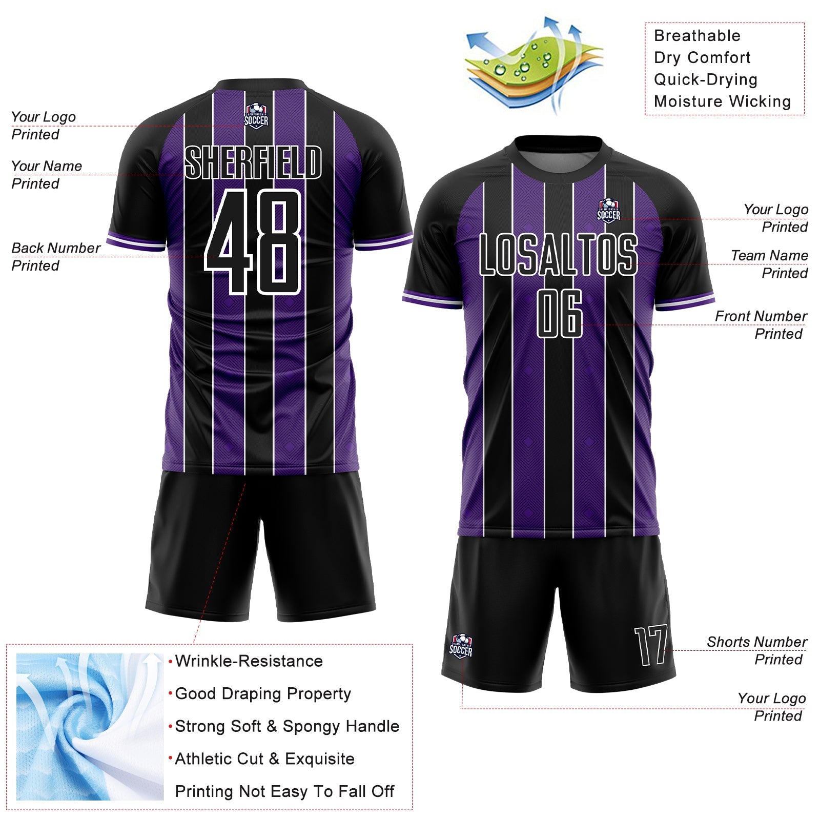 Custom Black Purple-White Pinstripe Line Sports Sublimation Soccer Uniform Jersey