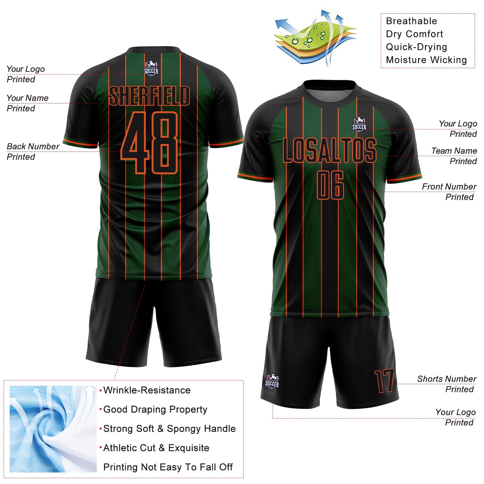 Custom Black Green-Orange Pinstripe Line Sports Sublimation Soccer Uniform Jersey