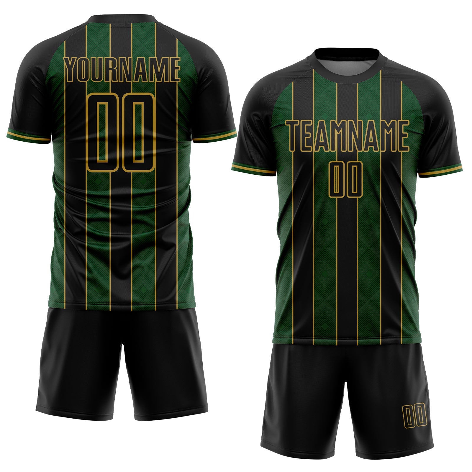 Custom Black Green-Old Gold Pinstripe Line Sports Sublimation Soccer Uniform Jersey