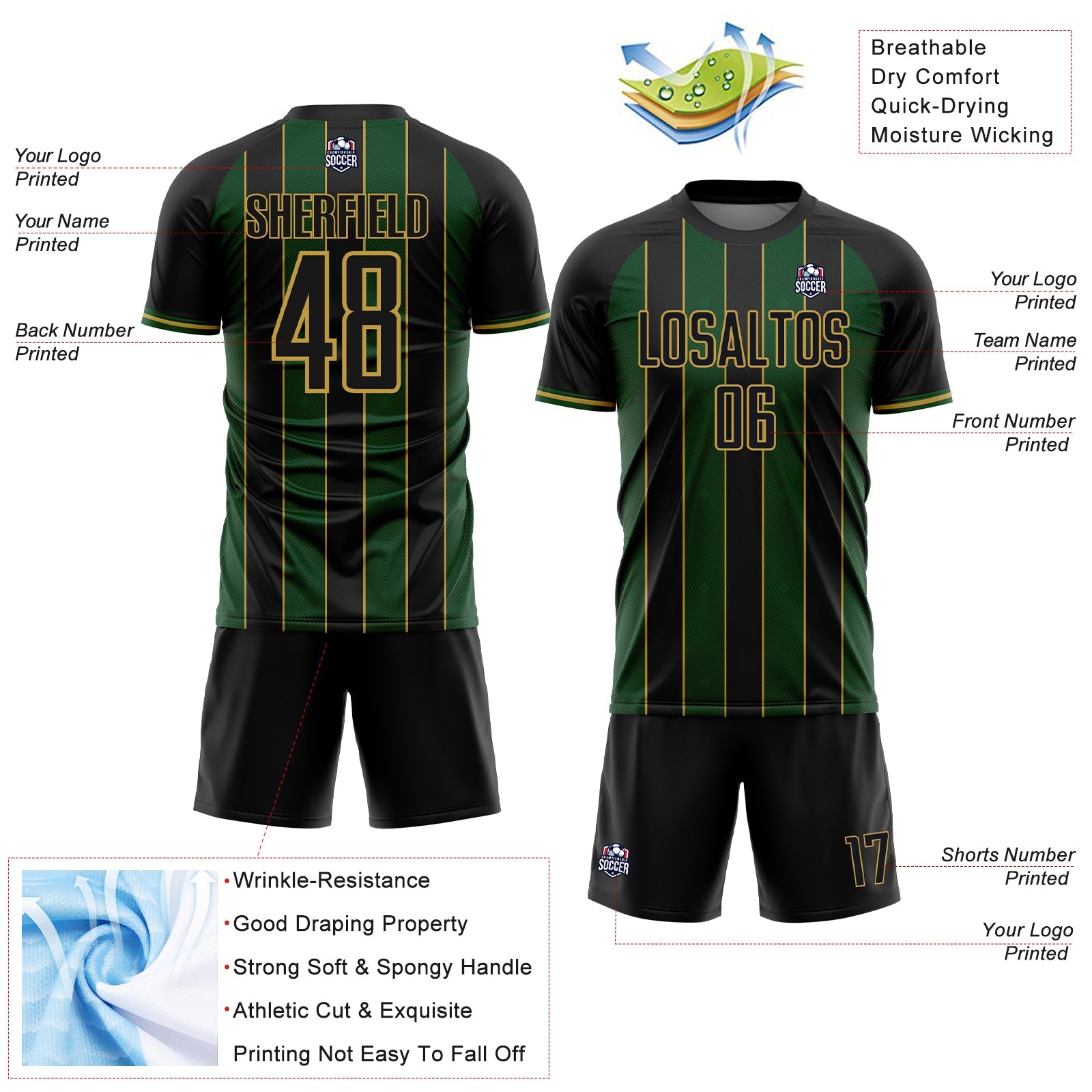 Custom Black Green-Old Gold Pinstripe Line Sports Sublimation Soccer Uniform Jersey