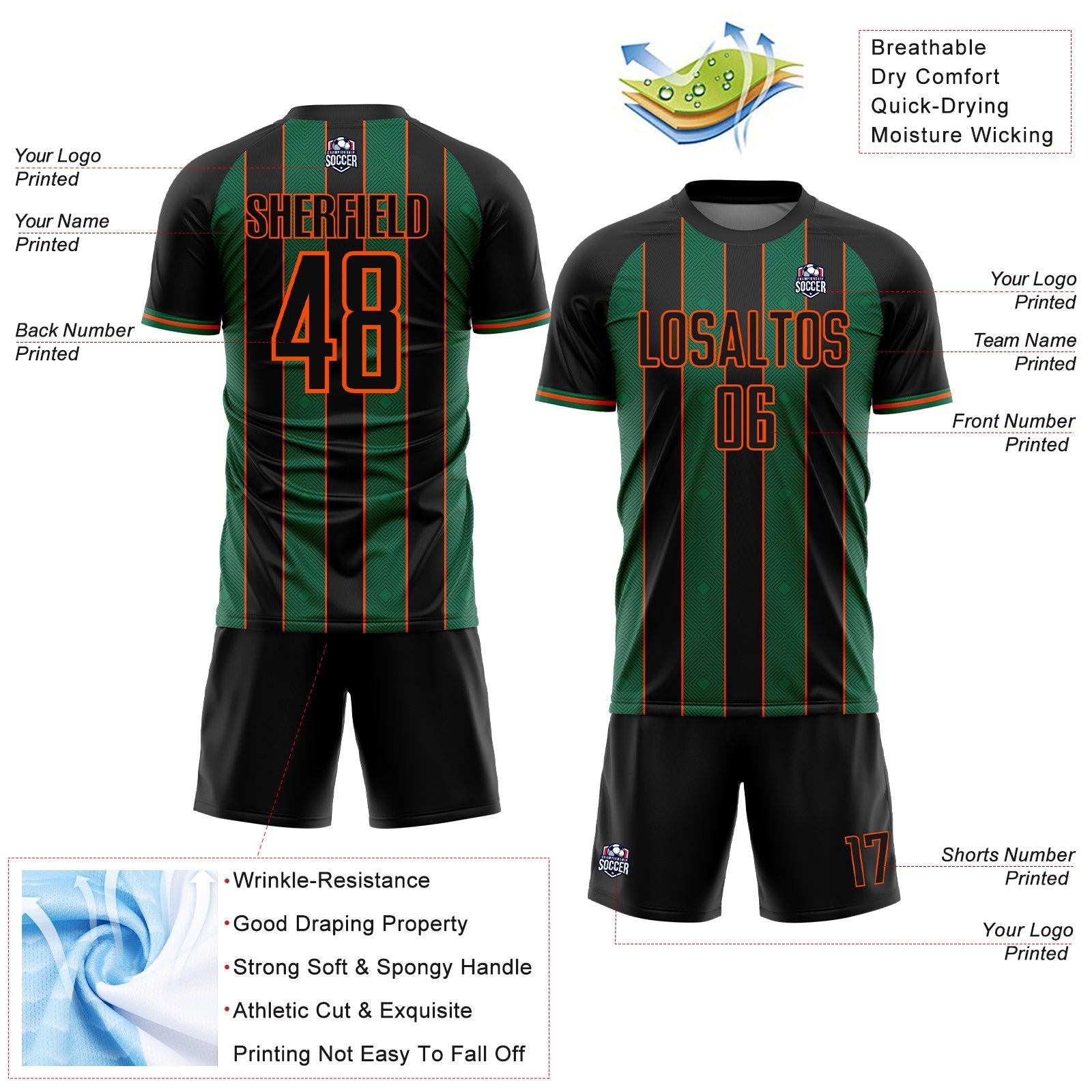 Custom Black Kelly Green-Orange Pinstripe Line Sports Sublimation Soccer Uniform Jersey