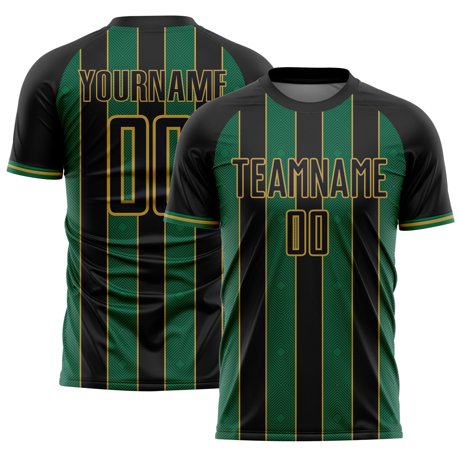 Custom Black Kelly Green-Old Gold Pinstripe Line Sports Sublimation Soccer Uniform Jersey
