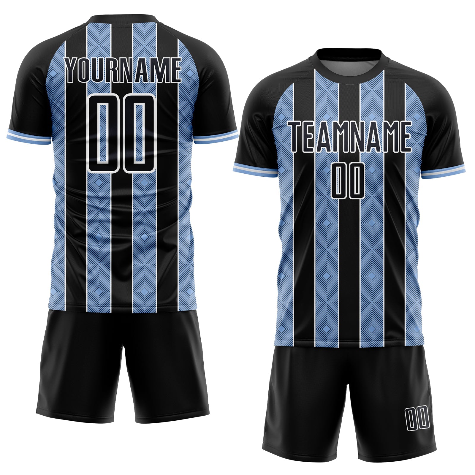 Custom Black Light Blue-White Pinstripe Line Sports Sublimation Soccer Uniform Jersey