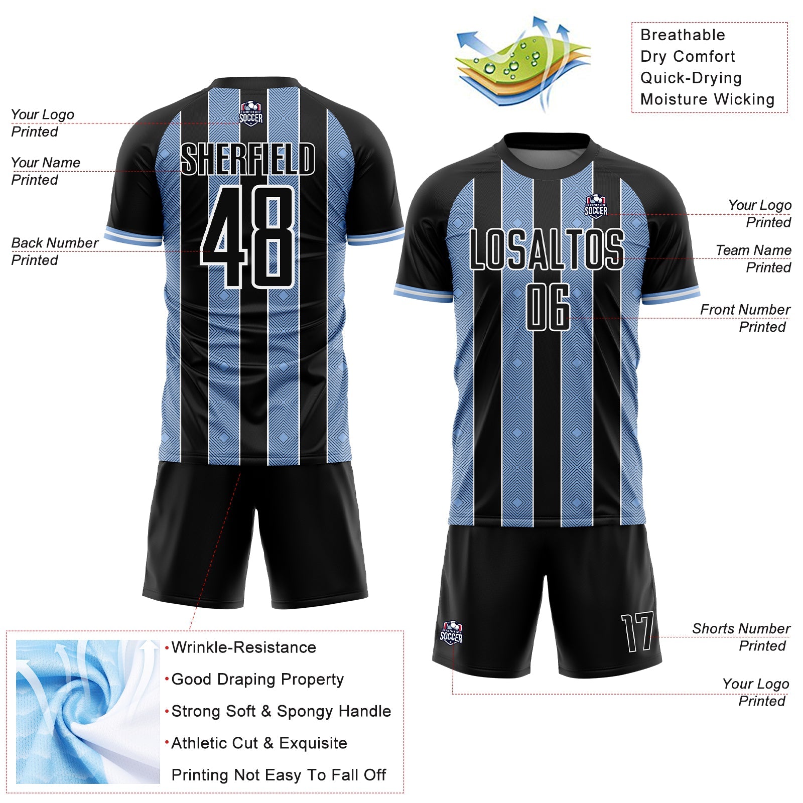 Custom Black Light Blue-White Pinstripe Line Sports Sublimation Soccer Uniform Jersey