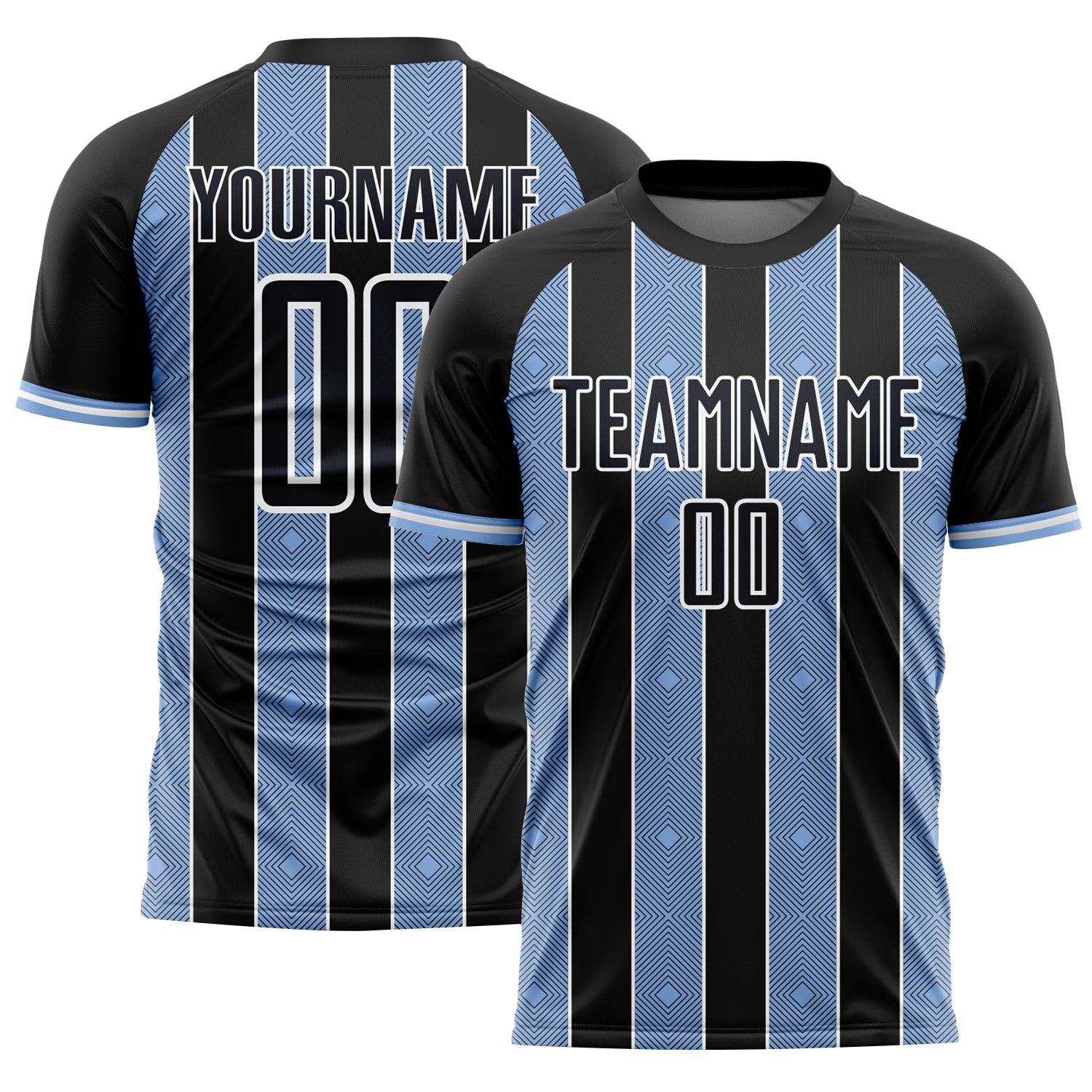 Custom Black Light Blue-White Pinstripe Line Sports Sublimation Soccer Uniform Jersey