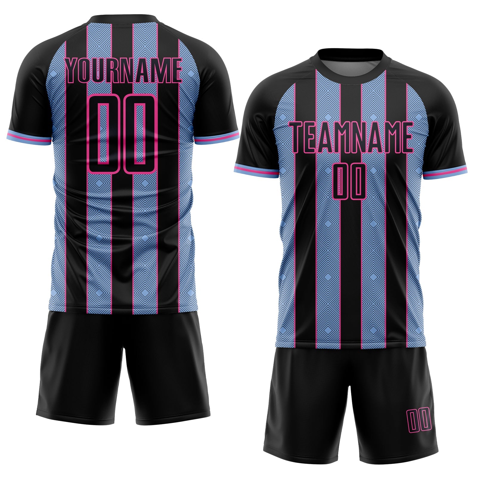Custom Black Light Blue-Pink Pinstripe Line Sports Sublimation Soccer Uniform Jersey