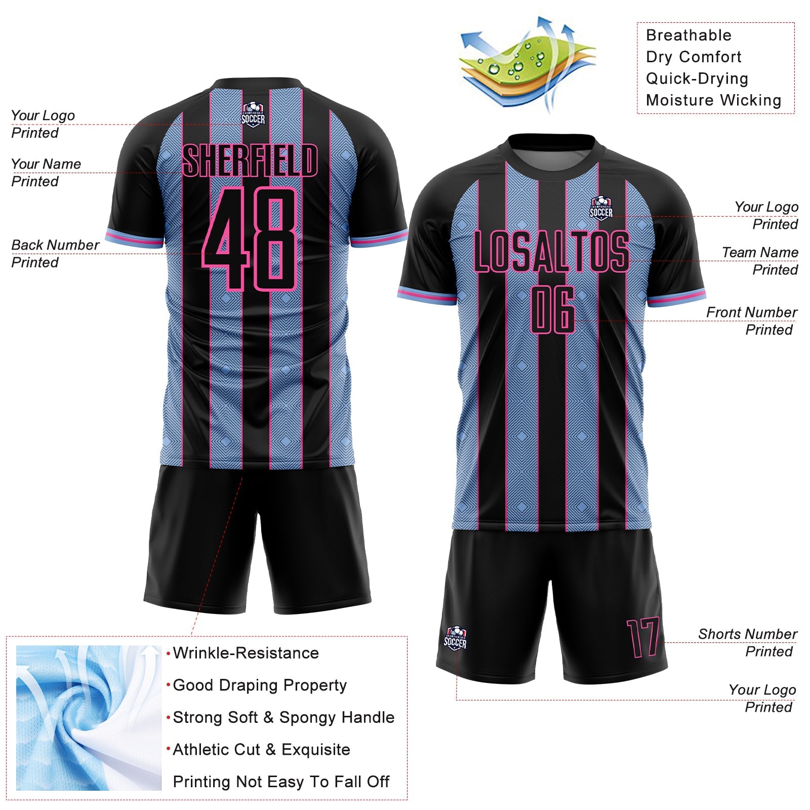 Custom Black Light Blue-Pink Pinstripe Line Sports Sublimation Soccer Uniform Jersey