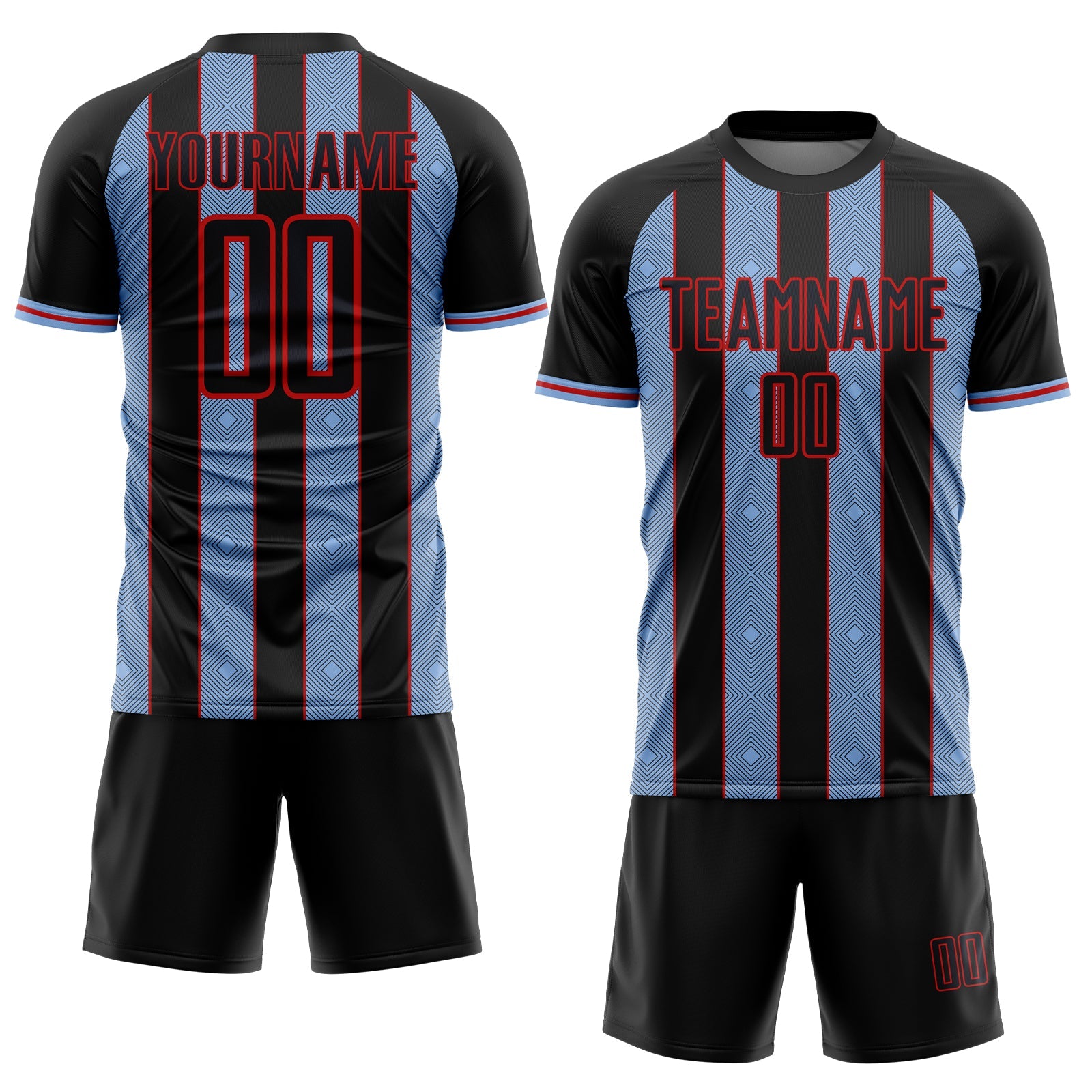 Custom Black Light Blue-Red Pinstripe Line Sports Sublimation Soccer Uniform Jersey