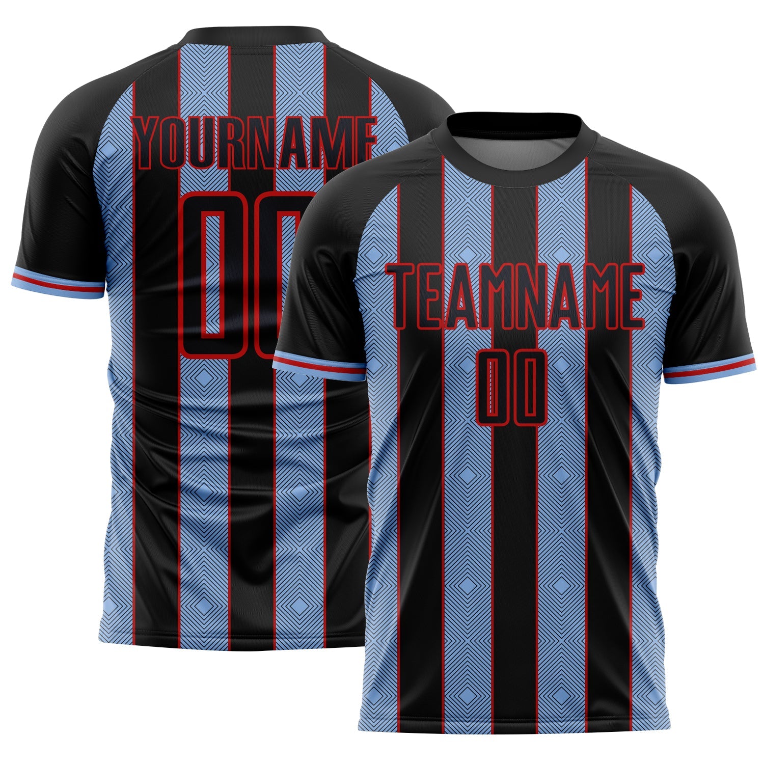 Custom Black Light Blue-Red Pinstripe Line Sports Sublimation Soccer Uniform Jersey