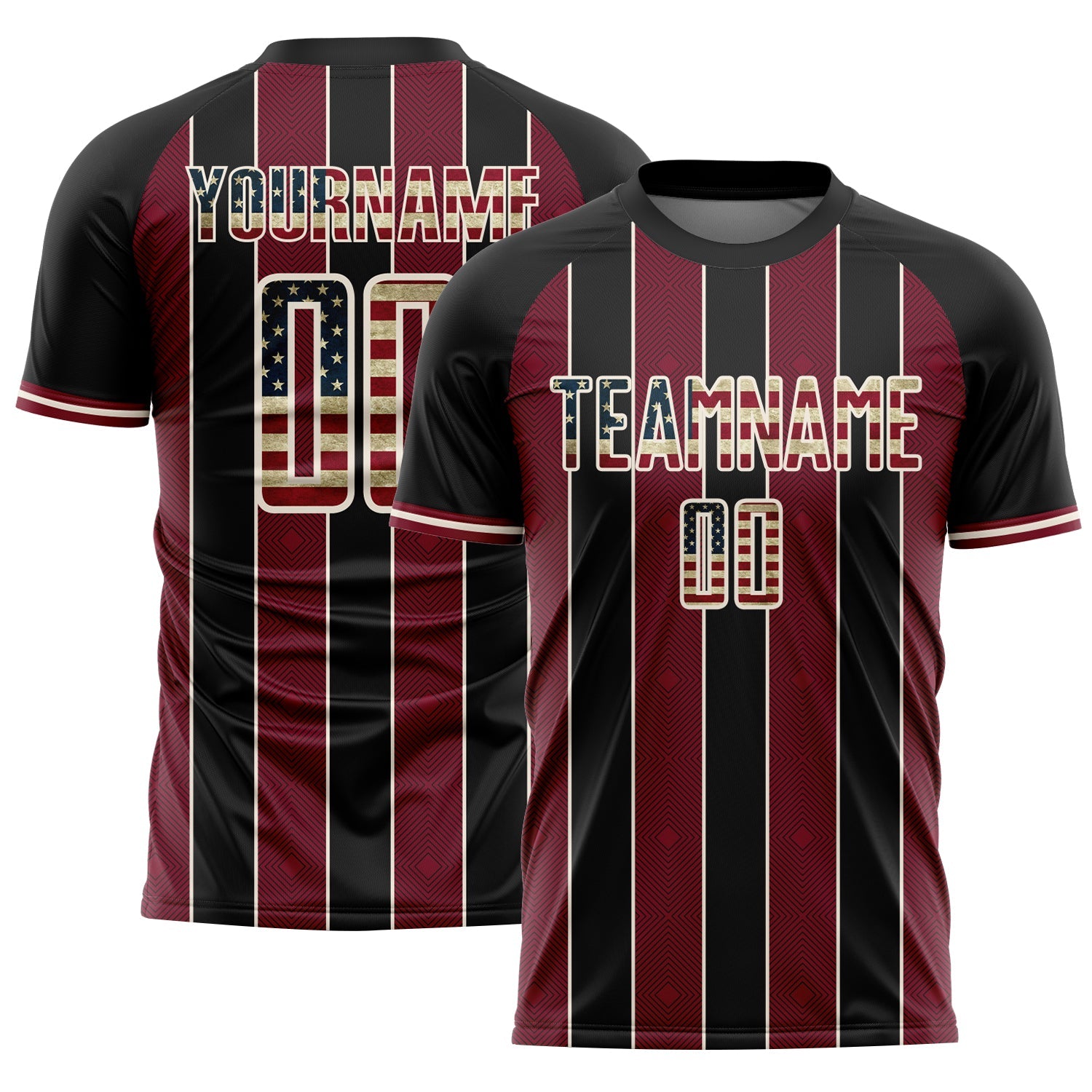 Custom Black Vintage USA Flag Crimson-Cream Pinstripe Line Sports Sublimation Soccer Uniform Jersey