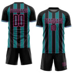 Custom Black Teal-Pink Pinstripe Line Sports Sublimation Soccer Uniform Jersey