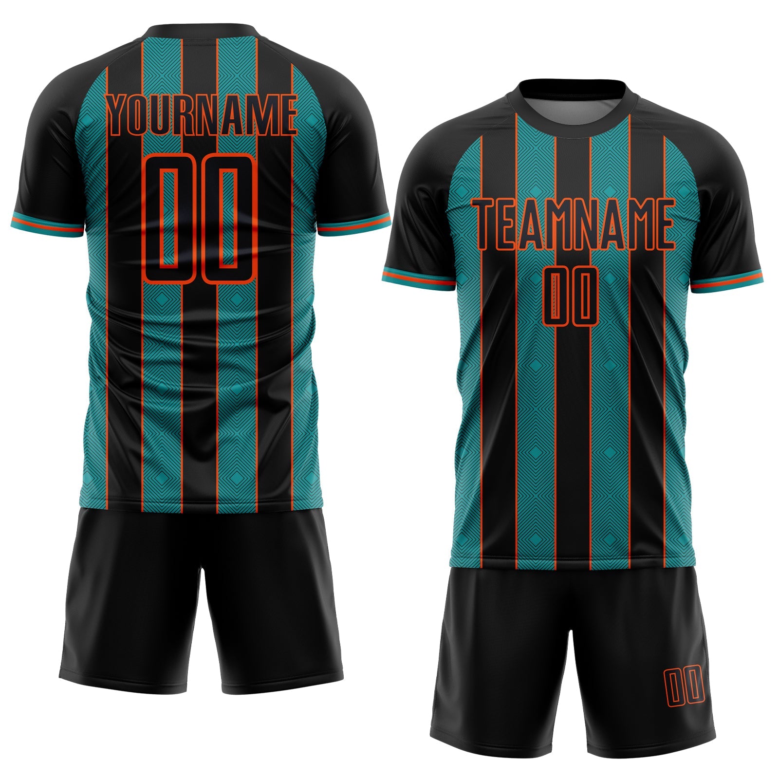 Custom Black Teal-Orange Pinstripe Line Sports Sublimation Soccer Uniform Jersey